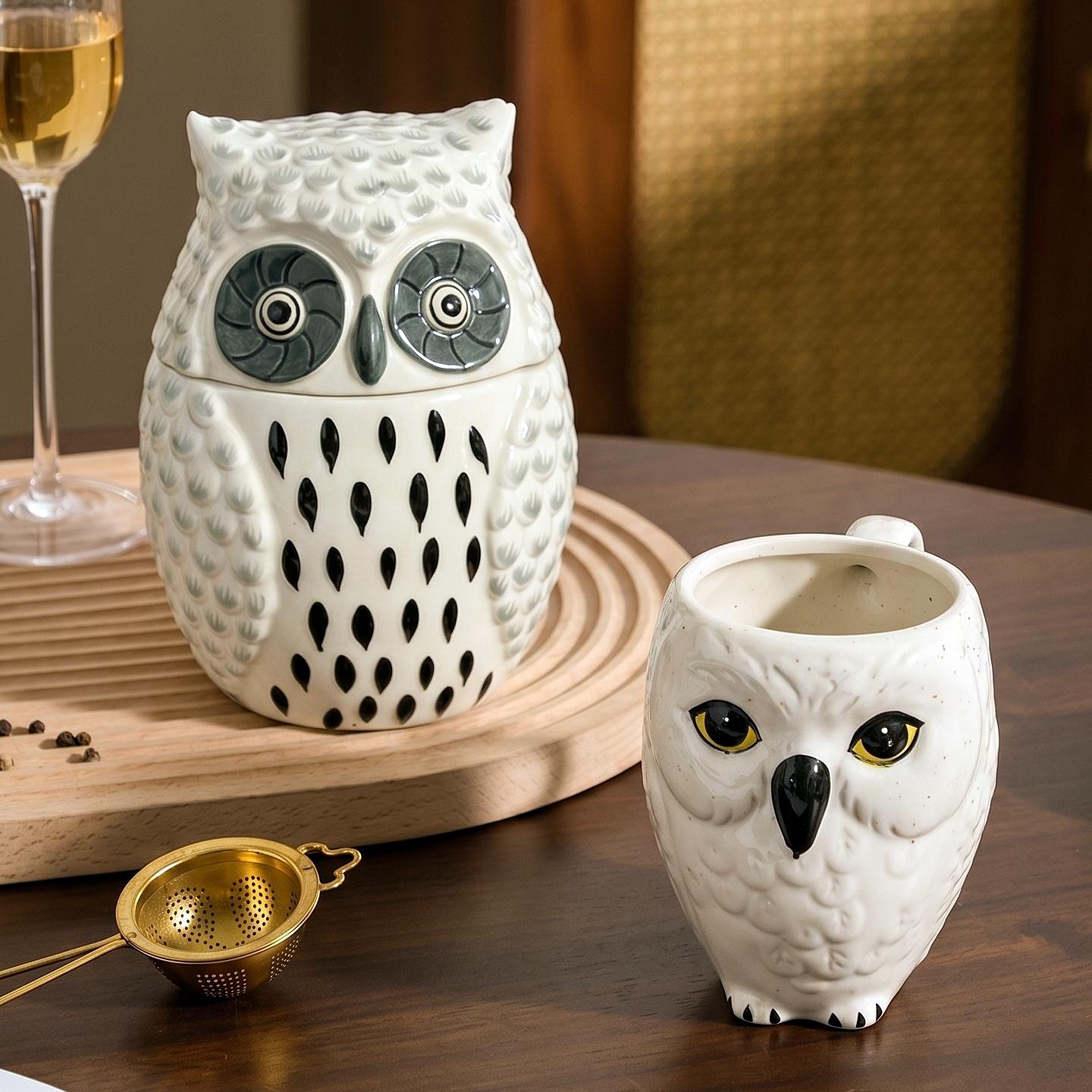 HongDian White Owl Shaped Ceramic Mug,Cute Animal Coffee Tea Cup with Handle,4.28/4.68/3.04 in,Premium Ceramic,SGS Tested Underglaze Fade Resistant,Microwave Dishwasher Sterilizer Safe,Milk Coffee Tea Breakfast Use Office Desk Decor Gift