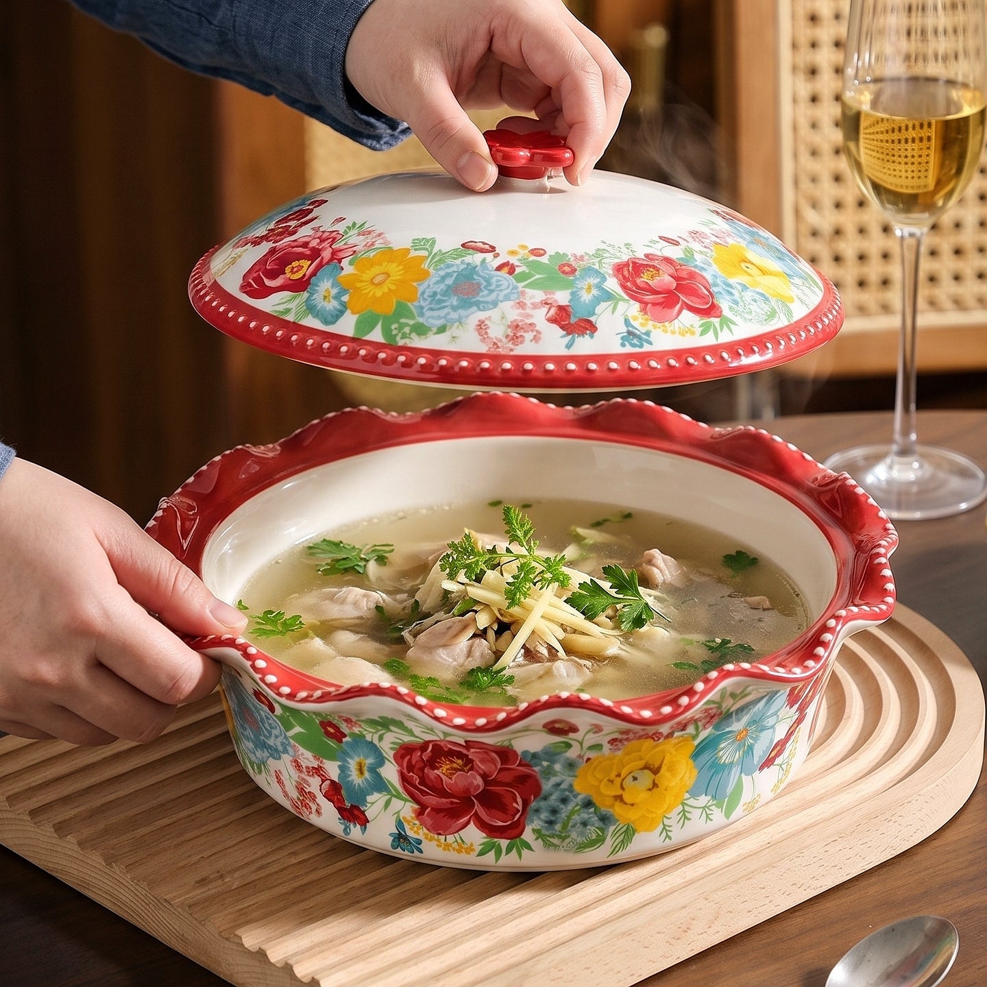 HongDian Red Floral American Style Tableware Series,Optional 11 in Lidded Casserole Pot,7 in Curved Handle Bowl,2100/450ml 71/15 oz,Premium Ceramic,Underglaze Non Fading,Oven Microwave Dishwasher Safe,Family Meals Pasta Dessert Serving
