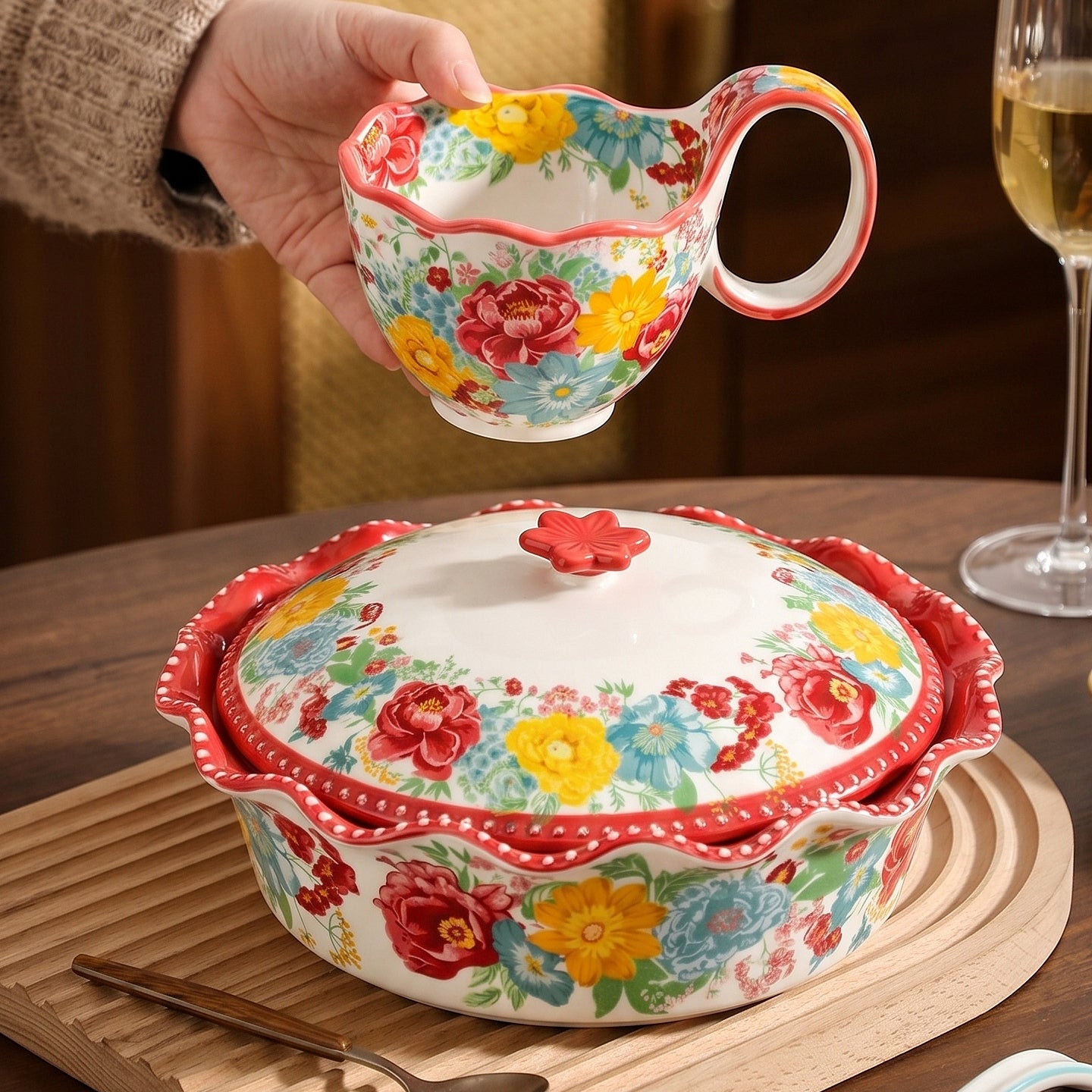 HongDian Red Floral American Style Tableware Series,Optional 11 in Lidded Casserole Pot,7 in Curved Handle Bowl,2100/450ml 71/15 oz,Premium Ceramic,Underglaze Non Fading,Oven Microwave Dishwasher Safe,Family Meals Pasta Dessert Serving
