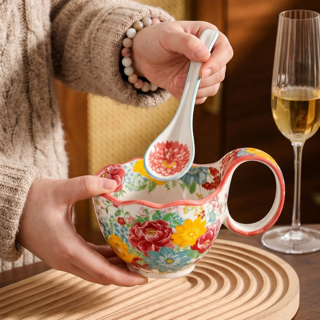HongDian Red Floral American Style Tableware Series,Optional 11 in Lidded Casserole Pot,7 in Curved Handle Bowl,2100/450ml 71/15 oz,Premium Ceramic,Underglaze Non Fading,Oven Microwave Dishwasher Safe,Family Meals Pasta Dessert Serving