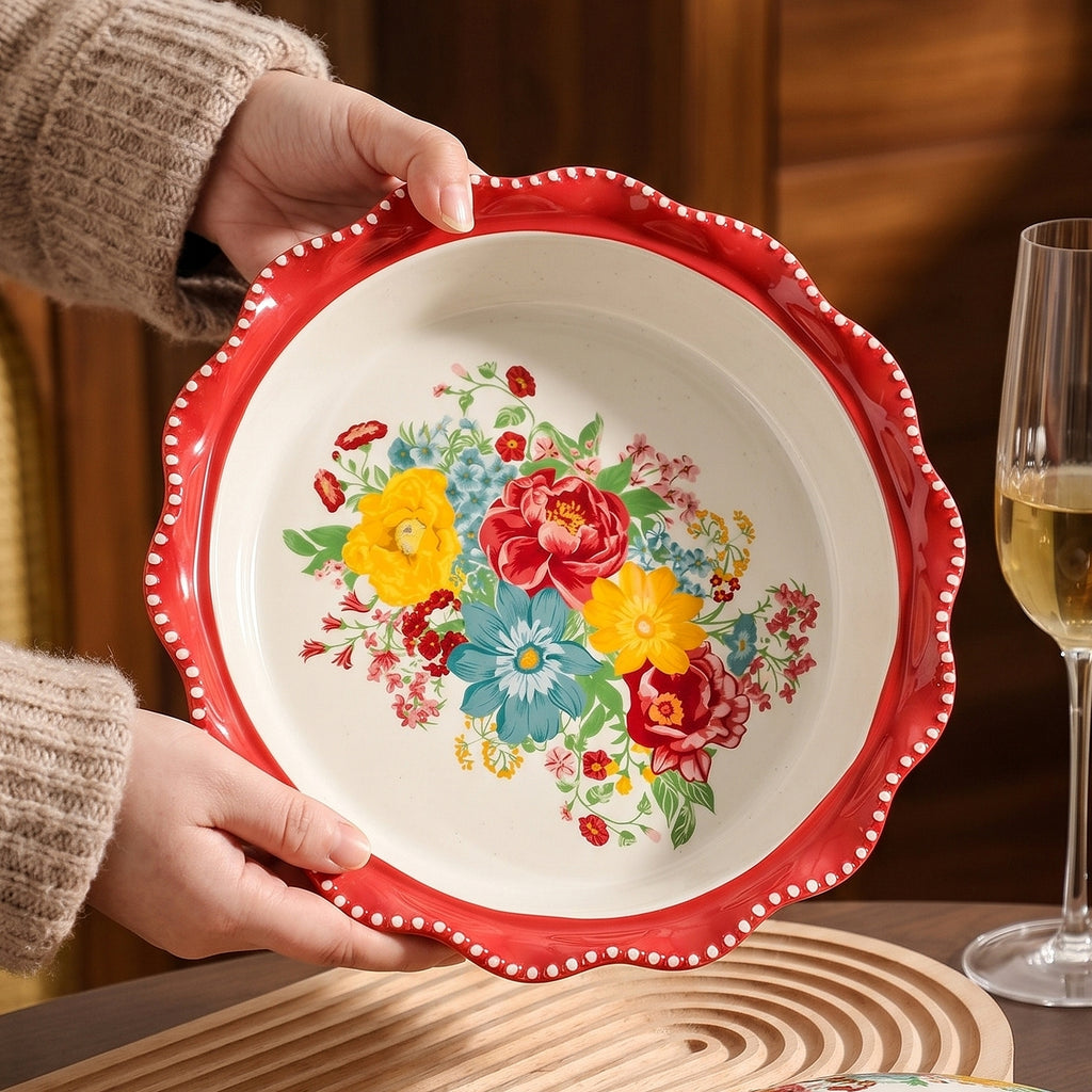 HongDian Red Floral American Style Tableware Series,Optional 11 in Lidded Casserole Pot,7 in Curved Handle Bowl,2100/450ml 71/15 oz,Premium Ceramic,Underglaze Non Fading,Oven Microwave Dishwasher Safe,Family Meals Pasta Dessert Serving