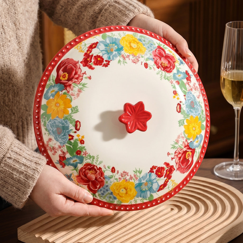 HongDian Red Floral American Style Tableware Series,Optional 11 in Lidded Casserole Pot,7 in Curved Handle Bowl,2100/450ml 71/15 oz,Premium Ceramic,Underglaze Non Fading,Oven Microwave Dishwasher Safe,Family Meals Pasta Dessert Serving