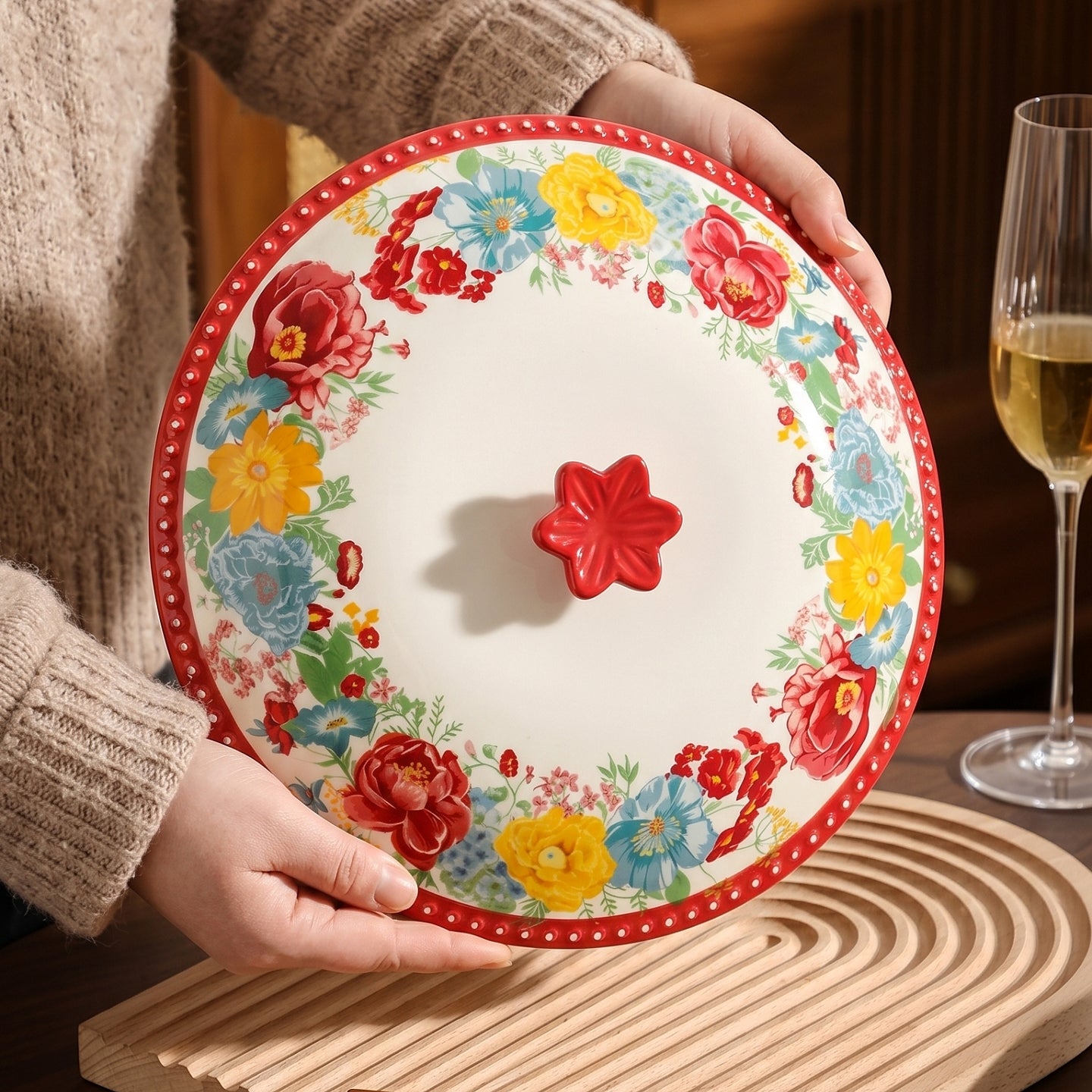 HongDian Red Floral American Style Tableware Series,Optional 11 in Lidded Casserole Pot,7 in Curved Handle Bowl,2100/450ml 71/15 oz,Premium Ceramic,Underglaze Non Fading,Oven Microwave Dishwasher Safe,Family Meals Pasta Dessert Serving