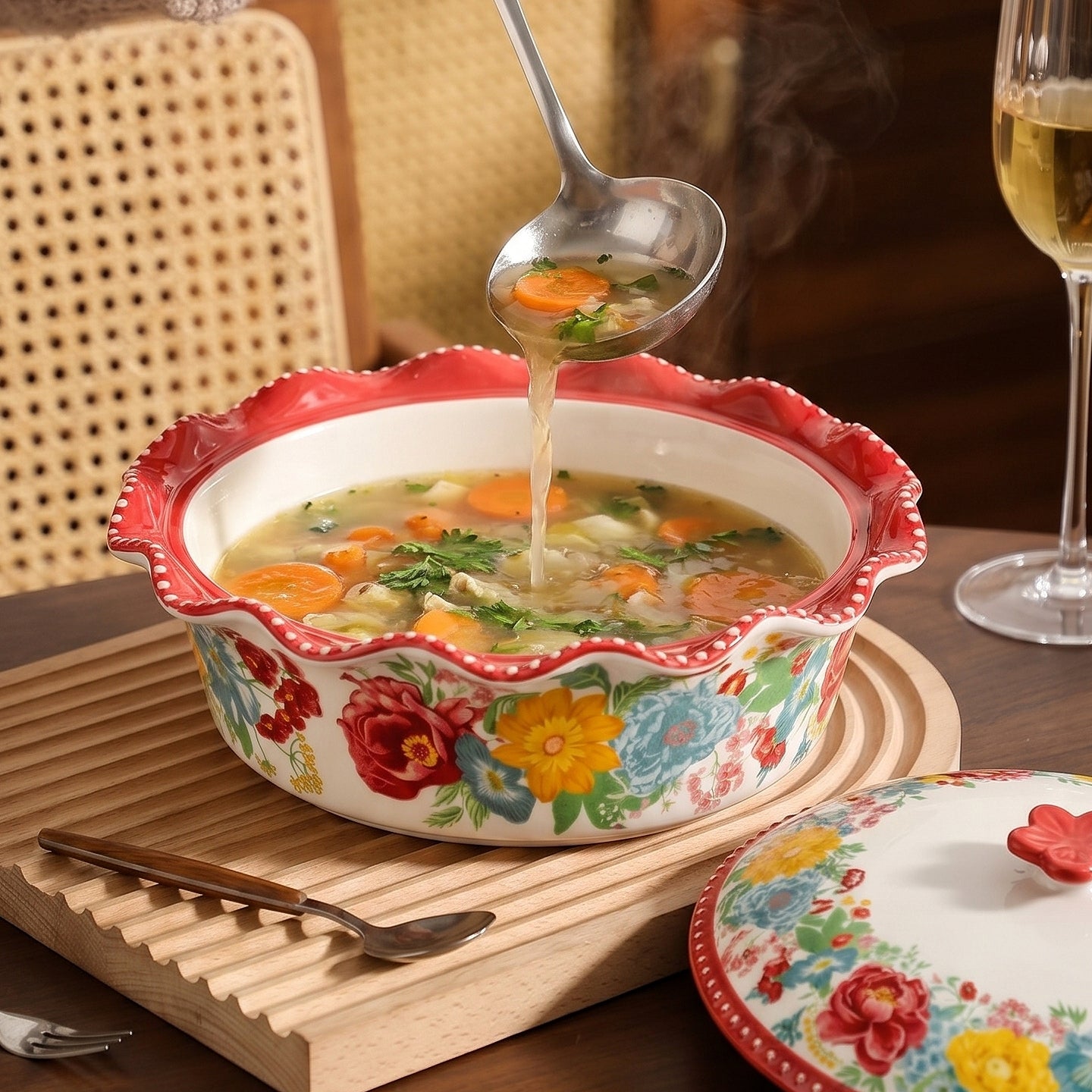 HongDian Red Floral American Style Tableware Series,Optional 11 in Lidded Casserole Pot,7 in Curved Handle Bowl,2100/450ml 71/15 oz,Premium Ceramic,Underglaze Non Fading,Oven Microwave Dishwasher Safe,Family Meals Pasta Dessert Serving
