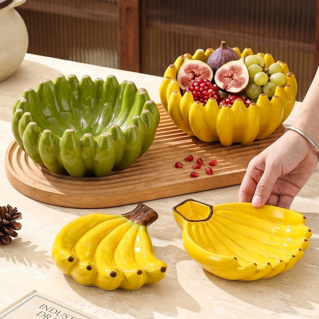 HongDian Banana Bunch Shaped Large Ceramic Serving Bowl,1300ml 44 oz Fruit Snack Centerpiece Dish,Optional Yellow Green,Premium Ceramic,Novelty Kitchen Table Decor,Salad Dessert Pasta Serving,Housewarming Gift,Dishwasher Microwave Safe