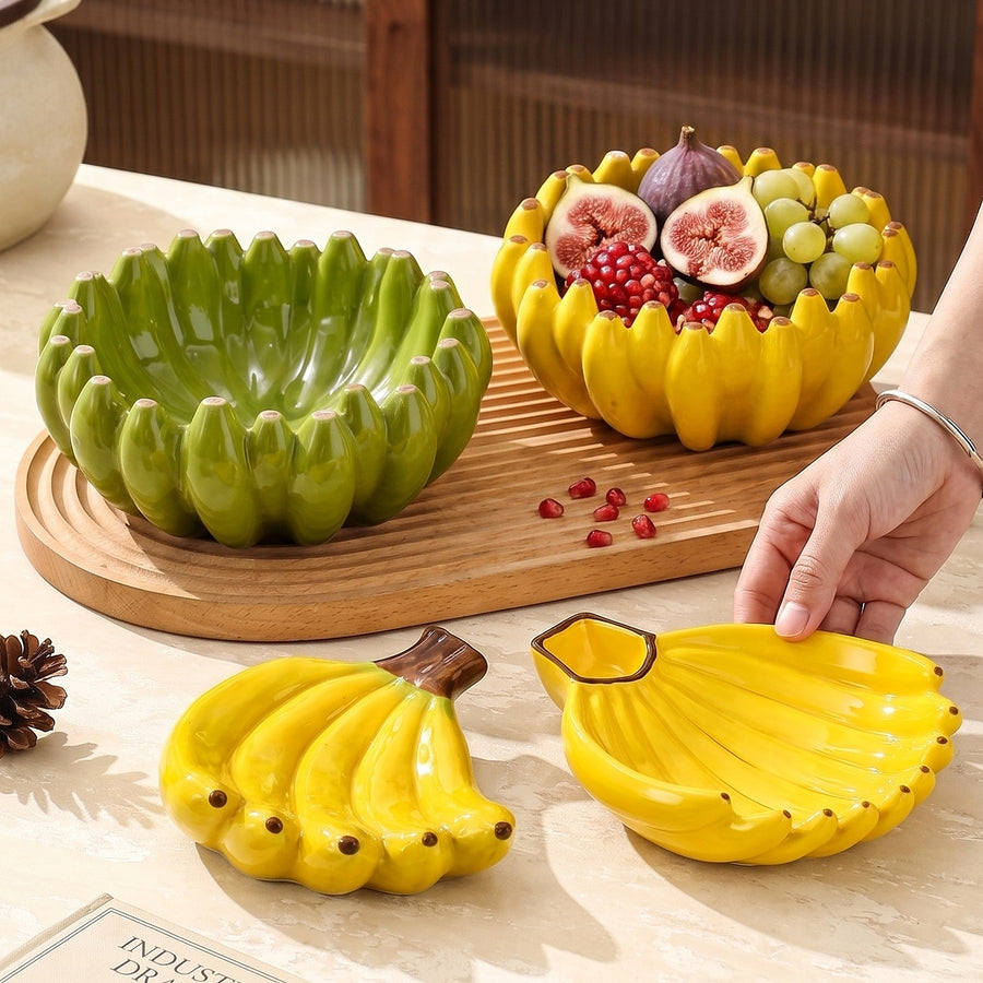 HongDian Banana Bunch Shaped Large Ceramic Serving Bowl,1300ml 44 oz Fruit Snack Centerpiece Dish,Optional Yellow Green,Premium Ceramic,Novelty Kitchen Table Decor,Salad Dessert Pasta Serving,Housewarming Gift,Dishwasher Microwave Safe
