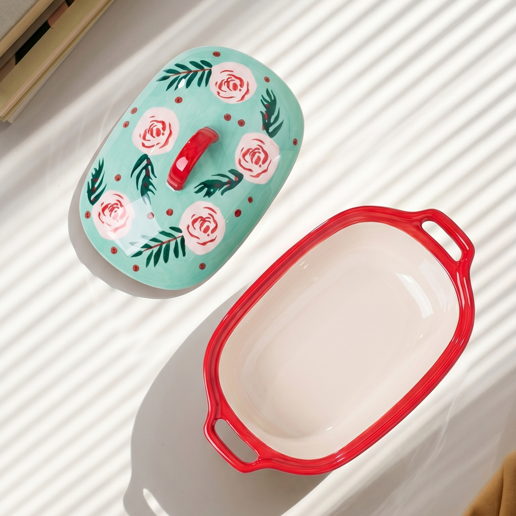 HongDian Mint Pink Rose Ceramic Baking Bowl,Covered Casserole Dish 480ml 16 oz,Hand Painted Floral Pattern,Premium Ceramic,Underglaze Non Fading,Oven Microwave Dishwasher Safe,Small Portion Gratin Dessert Dip Meal Serving Kitchen Gift Decor