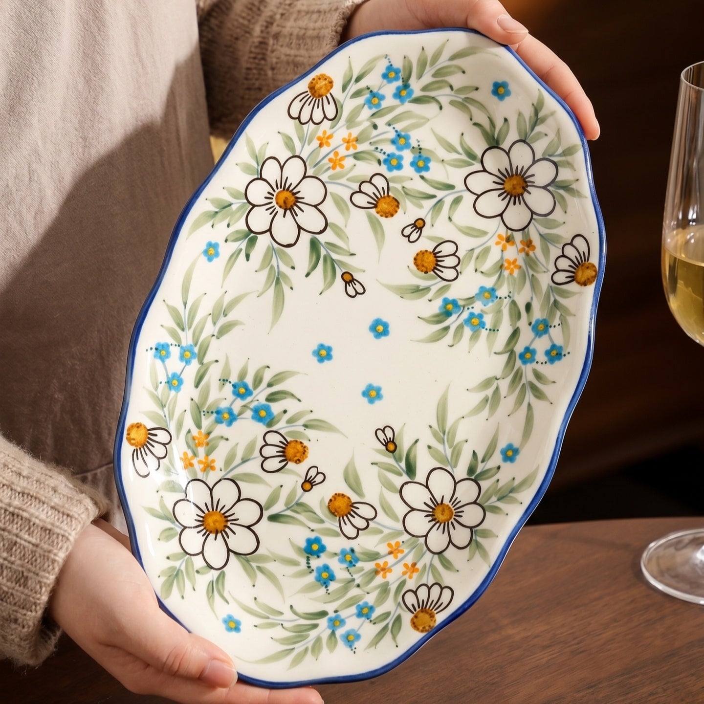 HongDian White Daisy Pattern Dinnerware,Cup Bowl Plate,with Double Handles,Hand Painted Craft,Premium Porcelain,400/280/1000ml 14/10/34 oz,White Green Blue,SGS Tested Underglaze Fade Resistant,Microwave Dishwasher Oven Sterilizer Safe,Home Gift