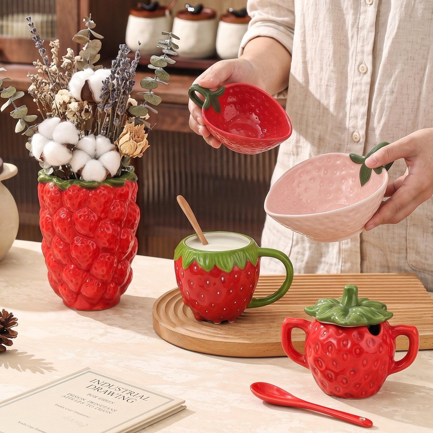 HongDian Strawberry Shaped Single Handle Bowl Series,Optional 8/5 in Ceramic Fruit Dessert Serving Bowl,Pink Red,Premium Ceramic,Cute Textured Berry Surface,Microwave Dishwasher Safe,For Salad Yogurt Snack Dip,Tea Table Kitchen Decor Gift