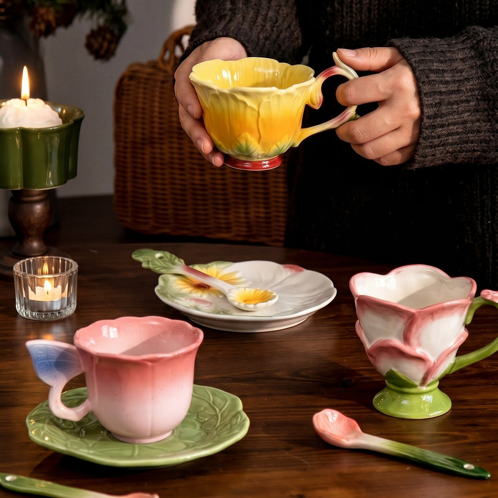 HongDian Pastel Floral Cup Saucer Series,Optional Embossed Coffee Tea Cup,Hand Painted Craft,Relief Flower Handle,Premium Porcelain,Pink Yellow ,SGS Tested Underglaze Fade Resistant,Microwave Dishwasher Oven Sterilizer Safe,Afternoon Tea