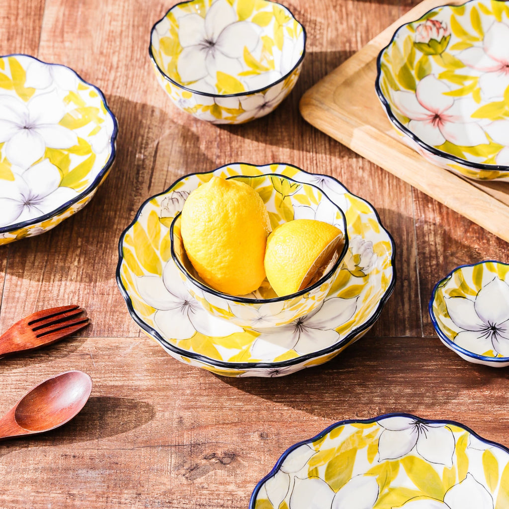 HongDian Yellow Magnolia Floral Tableware Series,Optional 5 in Bowl 8 in Plate,Premium Ceramic,SGS Tested Underglaze Fade Resistant,Microwave Dishwasher Oven Sterilizer Safe,Dessert Serving Breakfast Use Tea Time Table Setting Gift Decor