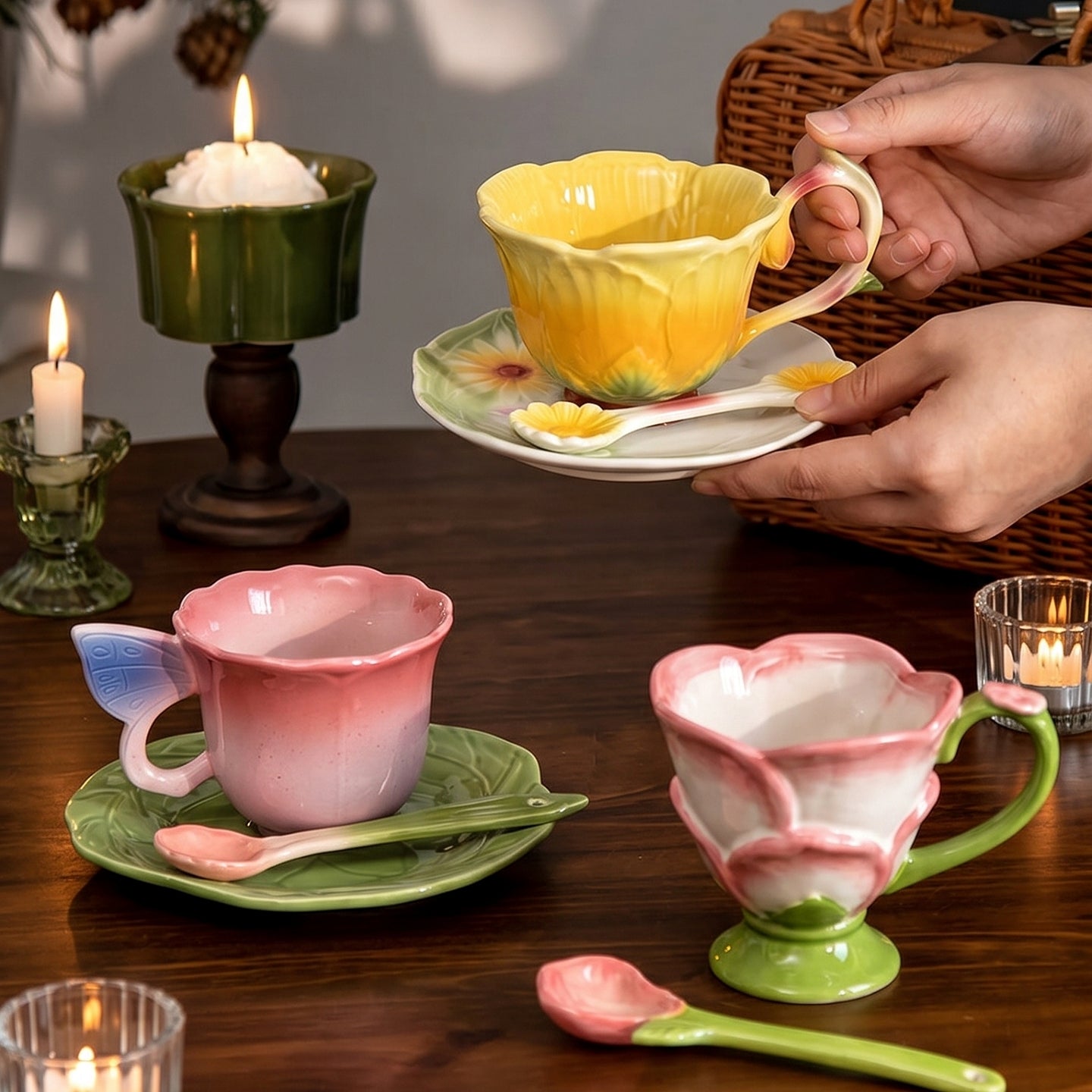 HongDian Pastel Floral Cup Saucer Series,Optional Embossed Coffee Tea Cup,Hand Painted Craft,Relief Flower Handle,Premium Porcelain,Pink Yellow ,SGS Tested Underglaze Fade Resistant,Microwave Dishwasher Oven Sterilizer Safe,Afternoon Tea