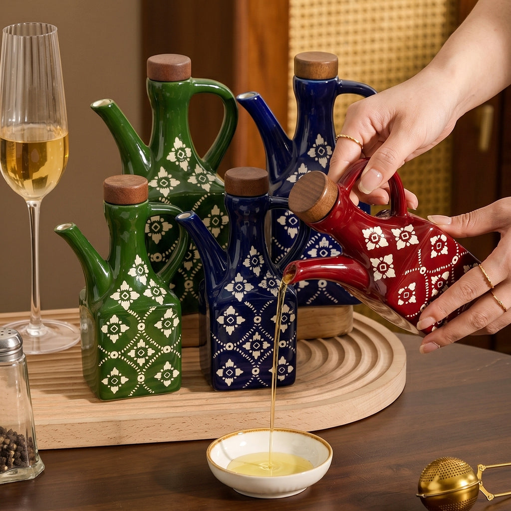 HongDian Red Blue Green Oil Dispenser Series,Optional Ceramic Vinegar Bottle 4/5 in,220/620ml 8/21 oz,Food Grade Wood Stopper,Handle Design,Premium Ceramic,SGS Tested Underglaze Fade Resistant,Kitchen Counter Cooking Salad Dressing Table Decor