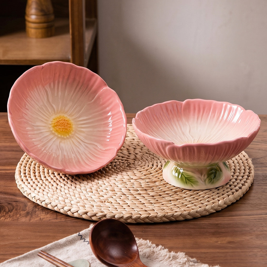 HongDian Pink Cherry Blossom Pedestal Bowl,6 in Ceramic Fruit Dessert Bowl,Hand Painted Floral Pattern,Premium Ceramic,SGS Tested Underglaze Non Fading,Microwave Dishwasher Oven Sterilizer Safe,Yogurt Salad Snack Serving Table Decor Gift