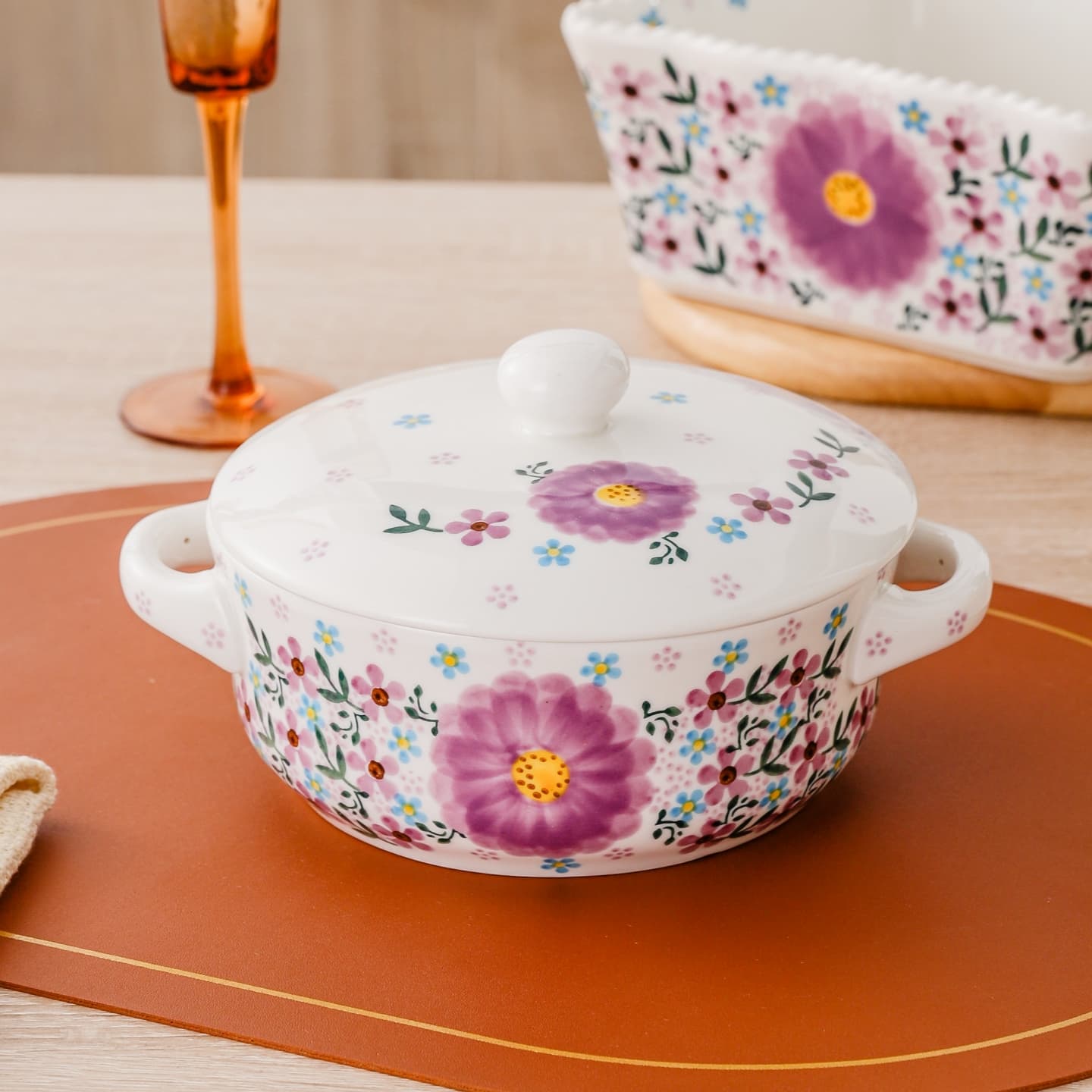 HongDian Pink Floral Dinnerware,Bowl Plate,casserole,Hand Painted Craft,Premium Porcelain,Pink,SGS Tested Underglaze Fade Resistant,Microwave Dishwasher Oven Sterilizer Safe,Home Gift Party Family All Ages Cottagecore