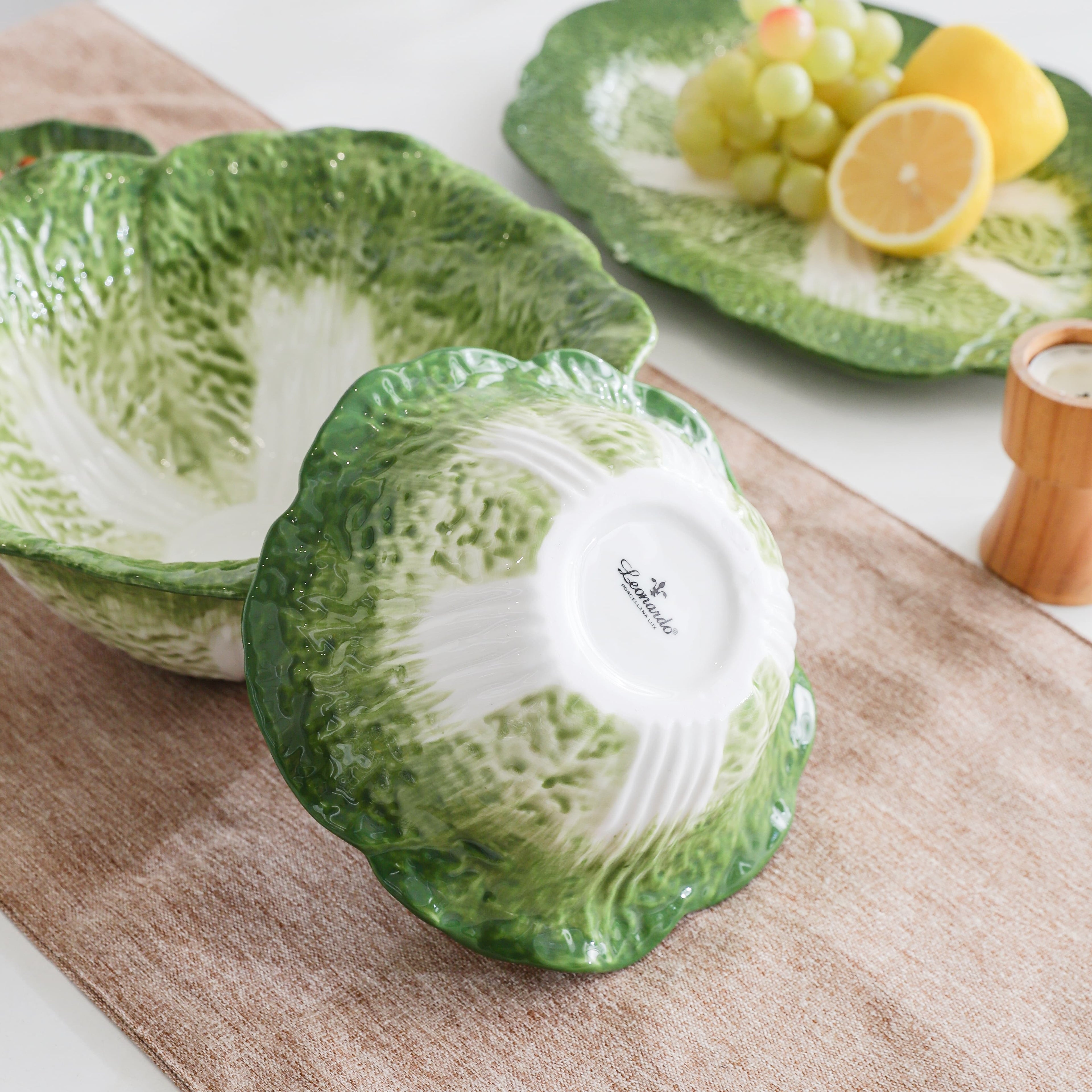 HongDian Green Cabbage Ceramic Bowls Plates, Creative Hand Painted Dinnerware, 2 Pack Plates, 5/7.5/10 in 200/580/1500 ml, Premium Ceramic, Mom Baby Friendly, Home Party Gift, Underglaze, Microwave Oven Dishwasher Sterilizer Safe, Salad Soup Fruit Dessert