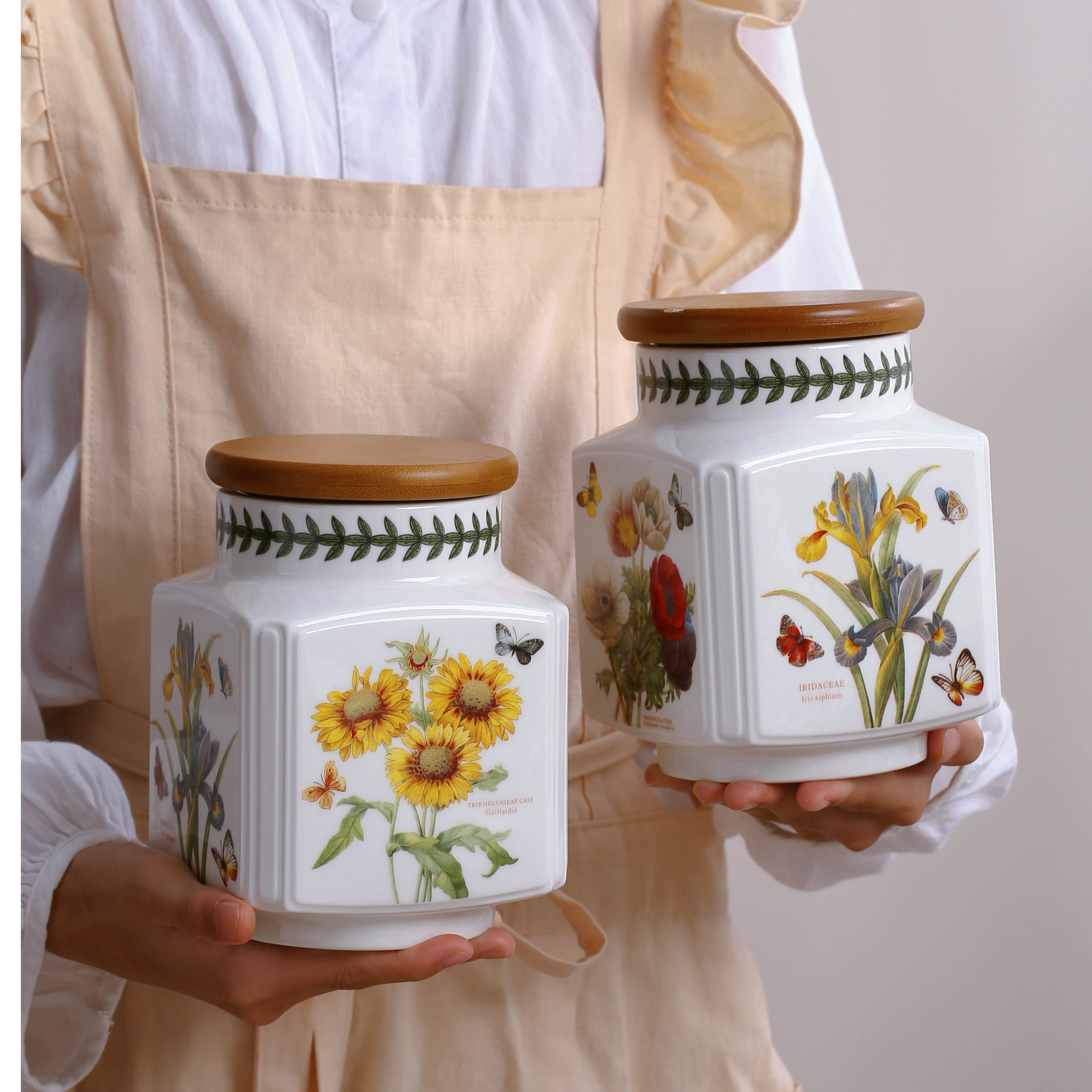 HongDian Botanical Ceramic Storage Jar,1400ml 48 oz Food Canister with Food Grade Wood Lid,Sunflower Iris Floral Pattern,Premium Ceramic,Underglaze Non Fading,Tea Coffee Sugar Snack Pantry Organizer,Afternoon Tea Kitchen Countertop Gift Decor