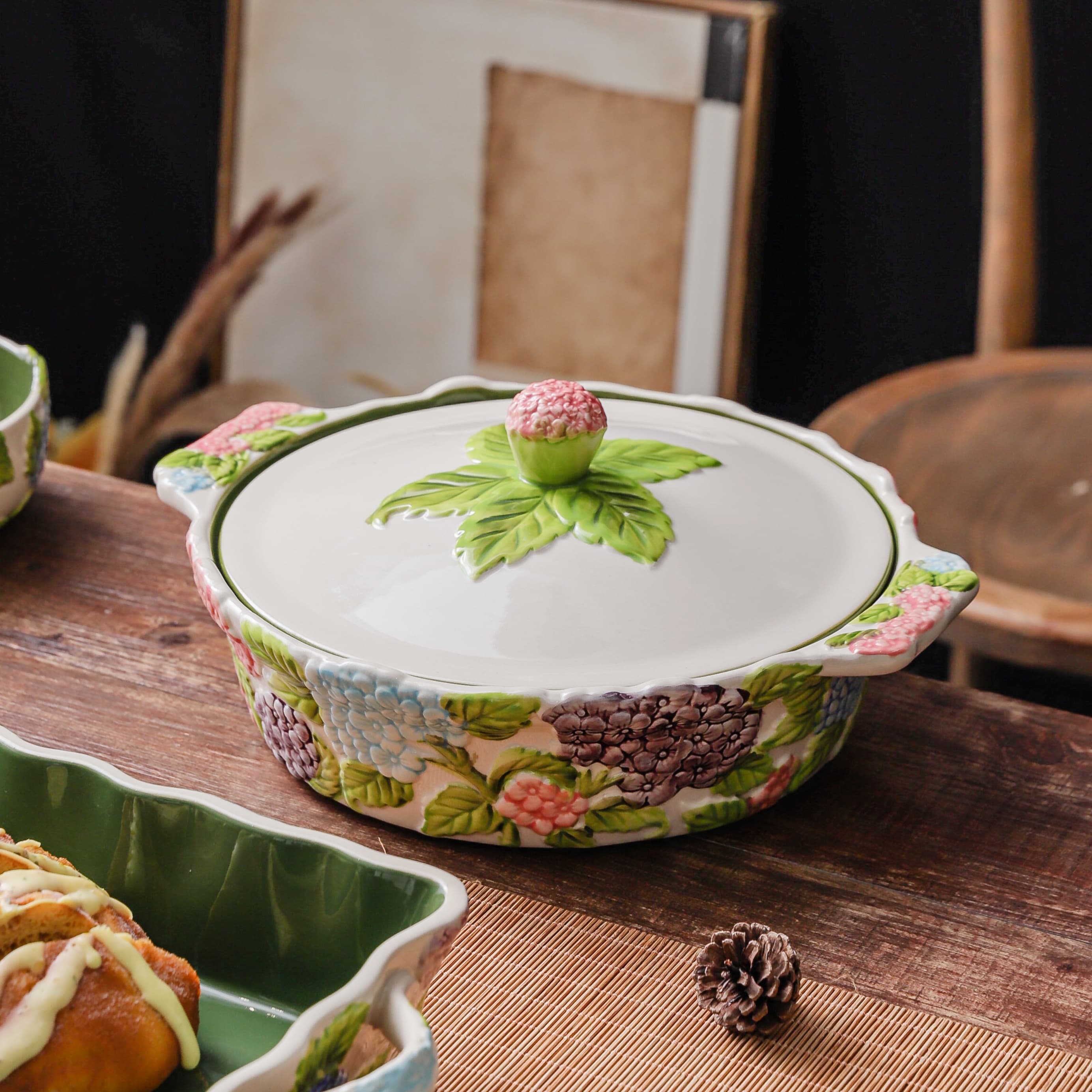 HongDian Green Hydrangea Tableware Series,Optional Cup Bowl Casserole Baking Dish,Largest Bowl 2300ml 80 oz,Embossed Hand Painted Craft,Premium Porcelain,SGS Tested Underglaze Fade Resistant,Microwave Dishwasher Oven Sterilizer Safe,Tea Time Meal