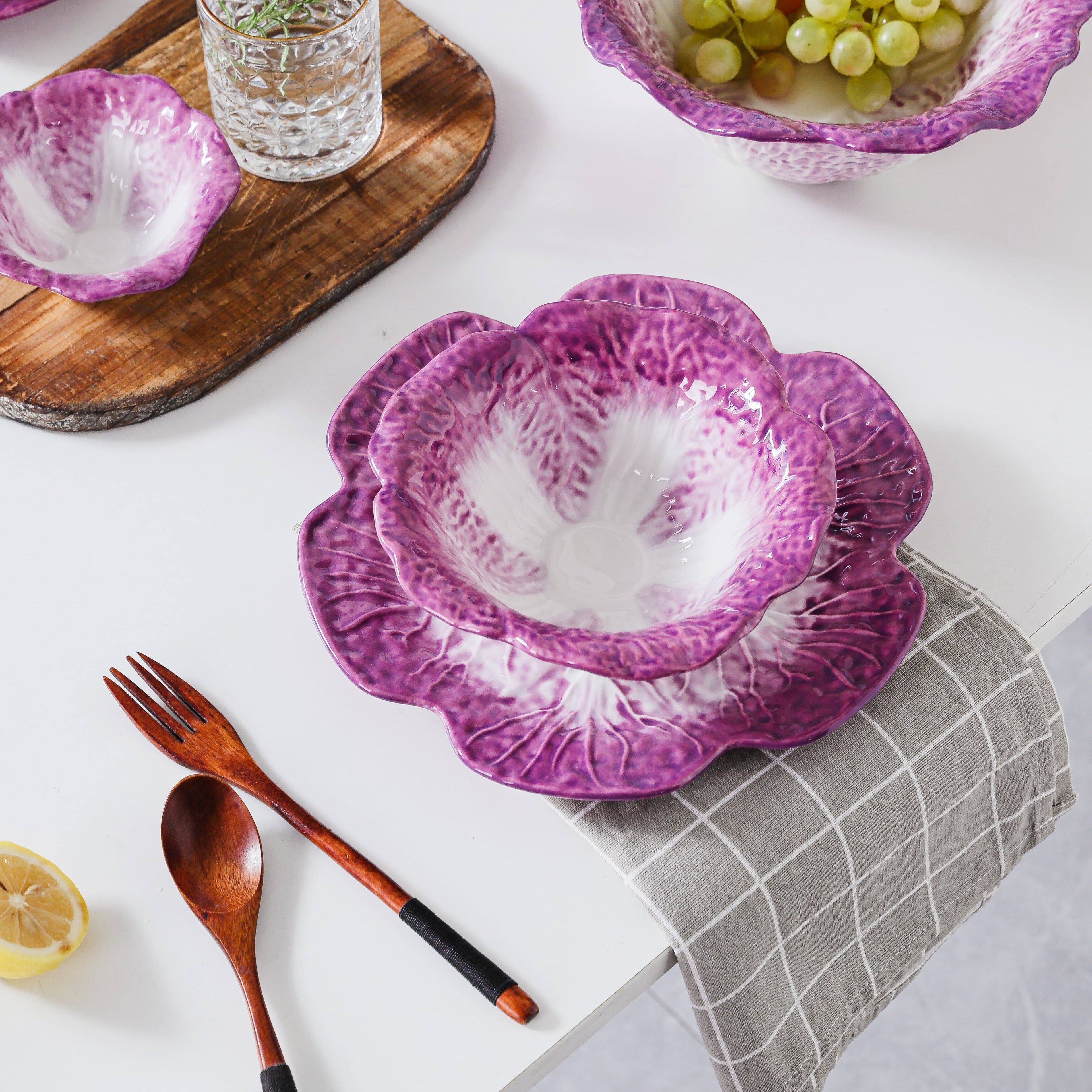 HongDian Purple Cabbage Shaped Dinnerware,Hand Painted Porcelain Bowl Plate 5/7.5/10/14 in,200/500/1500ml 7/17/50 oz,Purple White,SGS Tested Underglaze Fade Resistant,Oven Microwave Dishwasher Sterilizer Safe,Home Gift Party