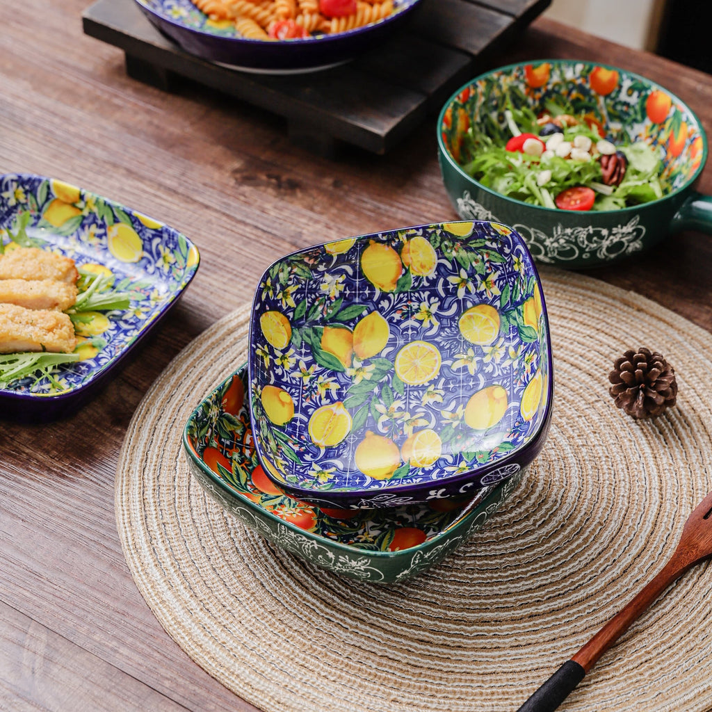 HongDian Mediterranean Fruit Pattern Tableware Series,Optional 8 in Plate,8.5 in Handle Bowl,Lemon Orange Pomegranate Peach Design,Premium Ceramic,SGS Tested Underglaze Fade Resistant,Microwave Dishwasher Oven Sterilizer Safe,Pasta Salad Dessert Serving