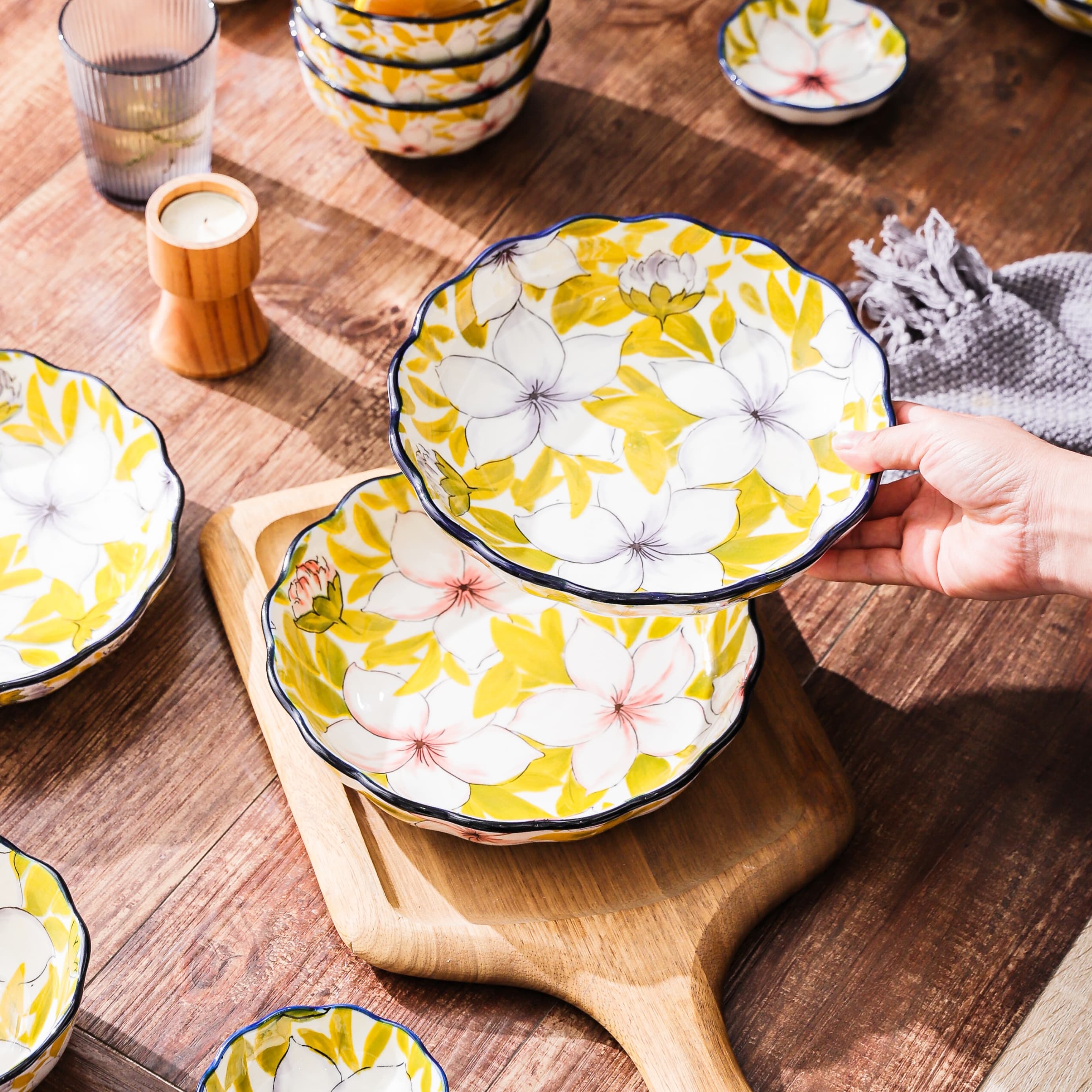 HongDian Yellow Magnolia Floral Tableware Series,Optional 5 in Bowl 8 in Plate,Premium Ceramic,SGS Tested Underglaze Fade Resistant,Microwave Dishwasher Oven Sterilizer Safe,Dessert Serving Breakfast Use Tea Time Table Setting Gift Decor