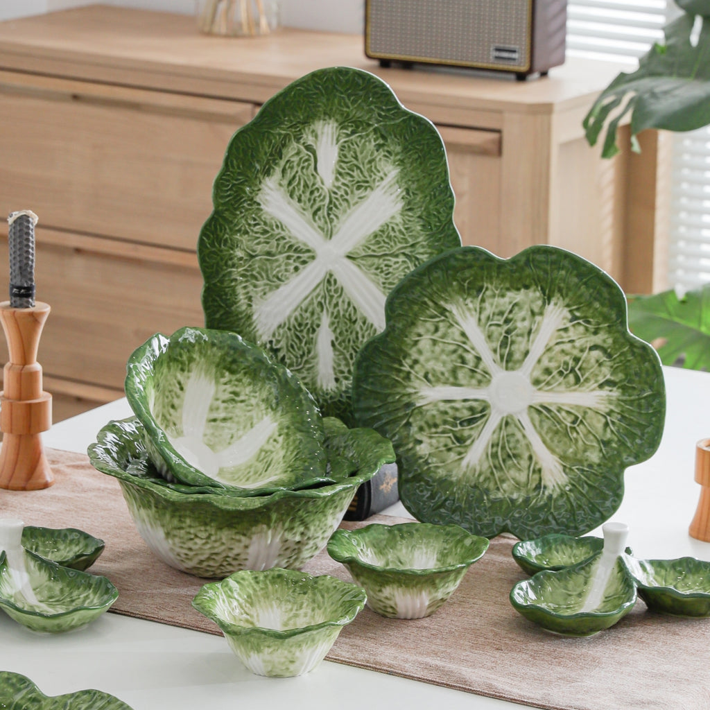 HongDian Green Cabbage Ceramic Bowls Plates, Creative Hand Painted Dinnerware, 2 Pack Plates, 5/7.5/10 in 200/580/1500 ml, Premium Ceramic, Mom Baby Friendly, Home Party Gift, Underglaze, Microwave Oven Dishwasher Sterilizer Safe, Salad Soup Fruit Dessert