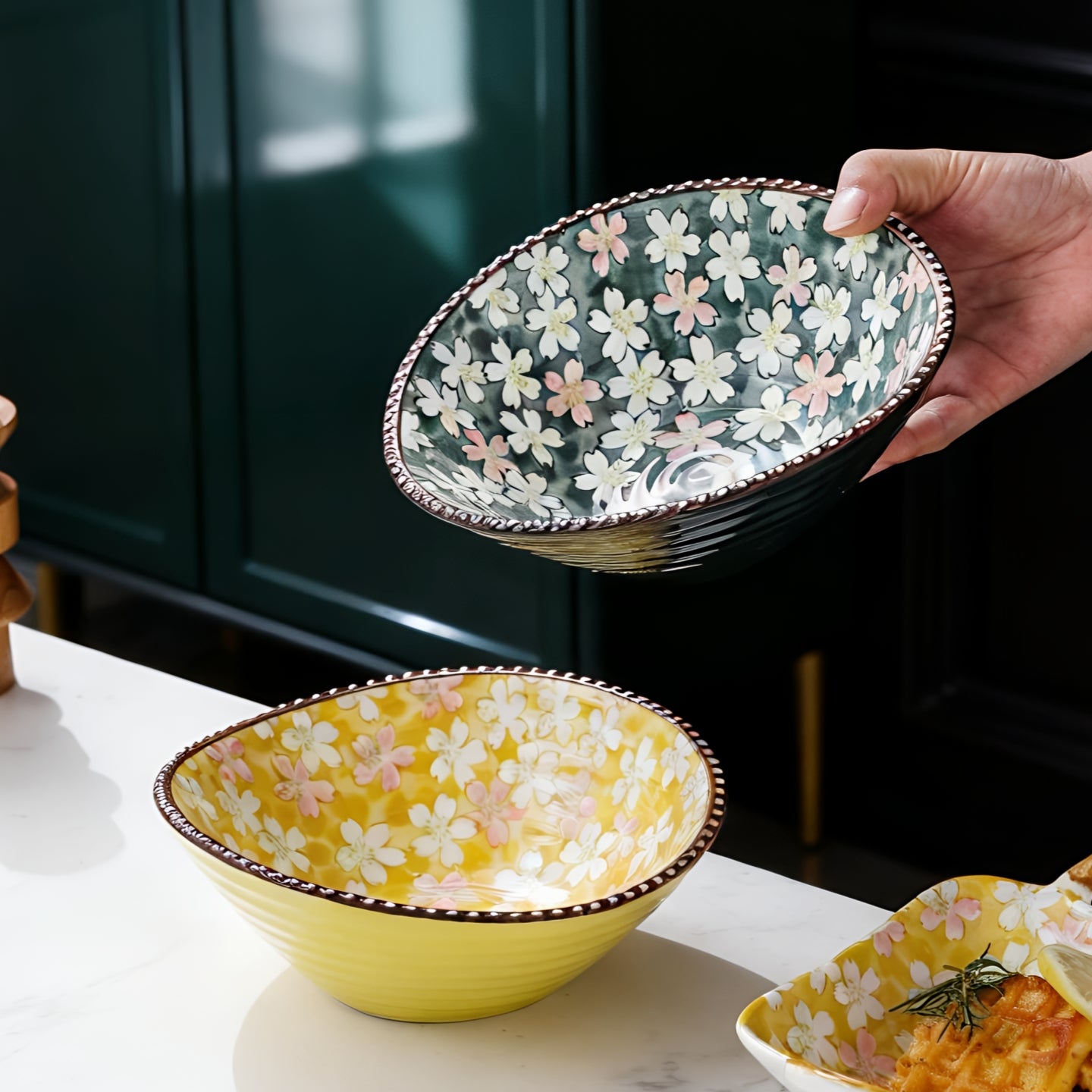 HongDian Japanese Cherry Blossom Tableware Series,Optional Ceramic Bowl Plate 5/7 in,Yellow Green,Premium Ceramic,SGS Tested Underglaze Fade Resistant,Microwave Dishwasher Oven Sterilizer Safe,Dessert Snack Serving Tea Time Gift Decor