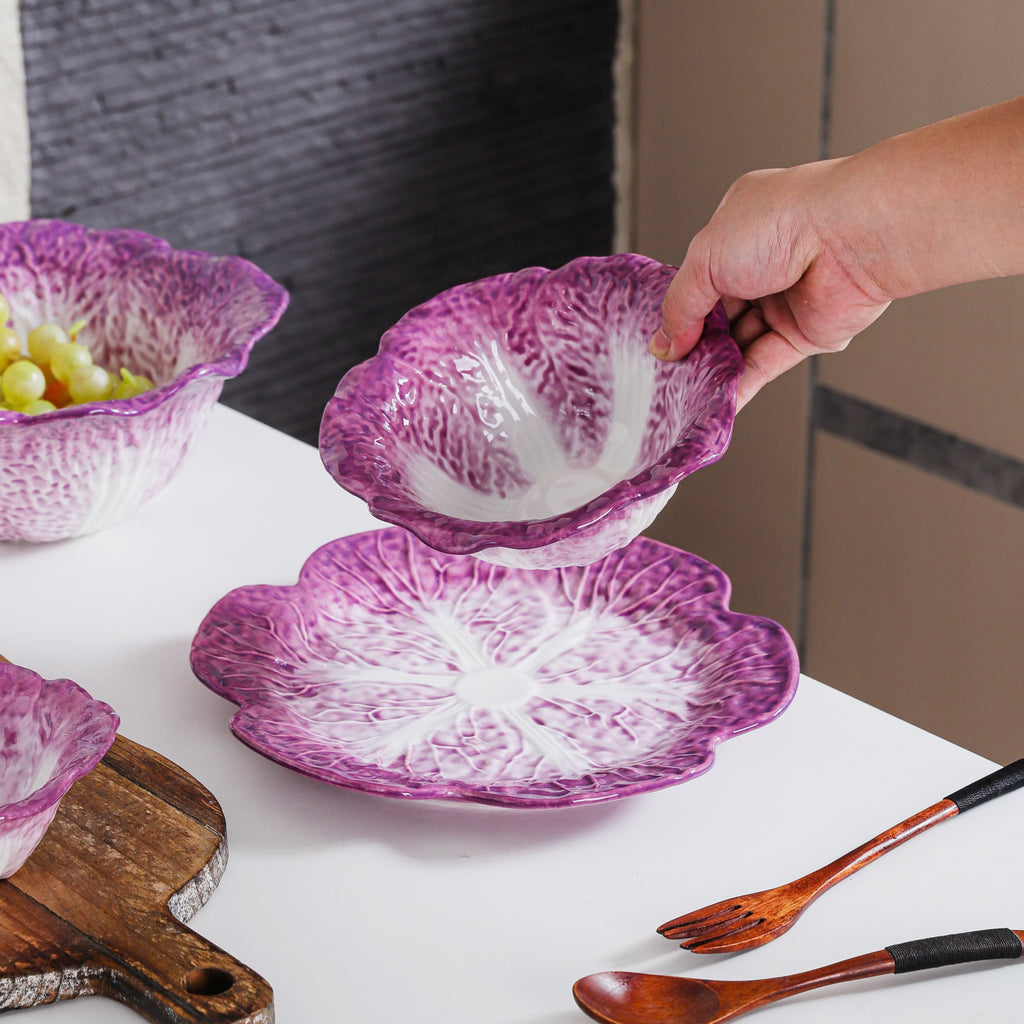 HongDian Purple Cabbage Shaped Dinnerware,Hand Painted Porcelain Bowl Plate 5/7.5/10/14 in,200/500/1500ml 7/17/50 oz,Purple White,SGS Tested Underglaze Fade Resistant,Oven Microwave Dishwasher Sterilizer Safe,Home Gift Party