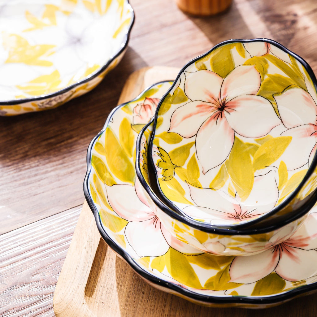 HongDian Yellow Magnolia Floral Tableware Series,Optional 5 in Bowl 8 in Plate,Premium Ceramic,SGS Tested Underglaze Fade Resistant,Microwave Dishwasher Oven Sterilizer Safe,Dessert Serving Breakfast Use Tea Time Table Setting Gift Decor