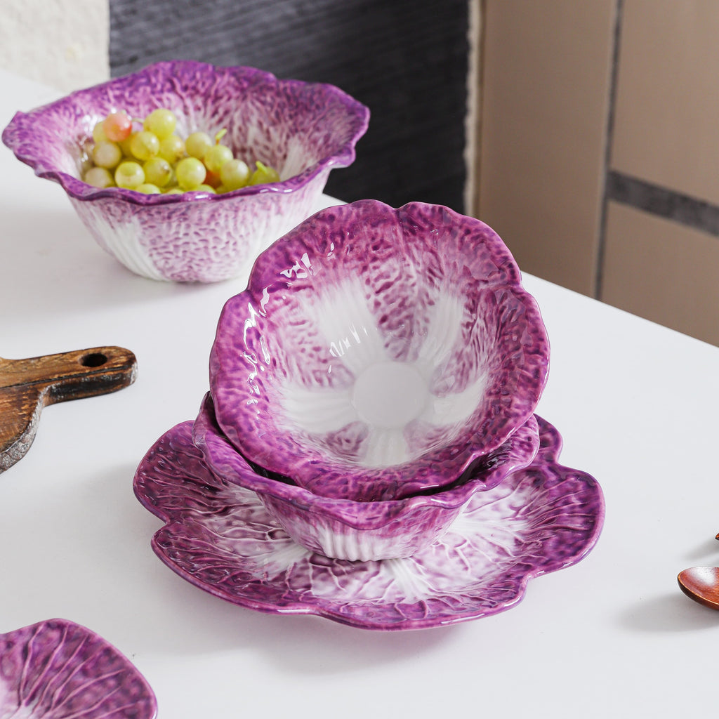 HongDian Purple Cabbage Shaped Dinnerware,Hand Painted Porcelain Bowl Plate 5/7.5/10/14 in,200/500/1500ml 7/17/50 oz,Purple White,SGS Tested Underglaze Fade Resistant,Oven Microwave Dishwasher Sterilizer Safe,Home Gift Party