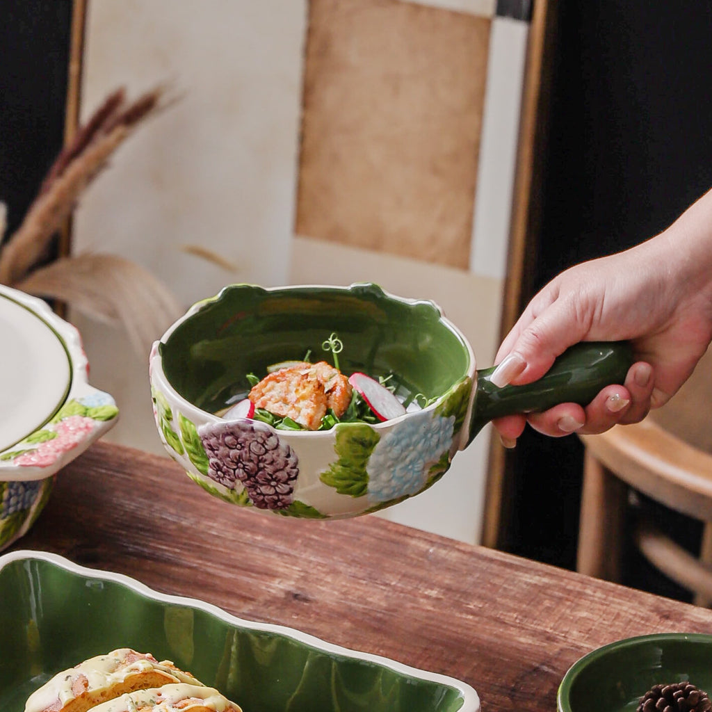 HongDian Green Hydrangea Tableware Series,Optional Cup Bowl Casserole Baking Dish,Largest Bowl 2300ml 80 oz,Embossed Hand Painted Craft,Premium Porcelain,SGS Tested Underglaze Fade Resistant,Microwave Dishwasher Oven Sterilizer Safe,Tea Time Meal
