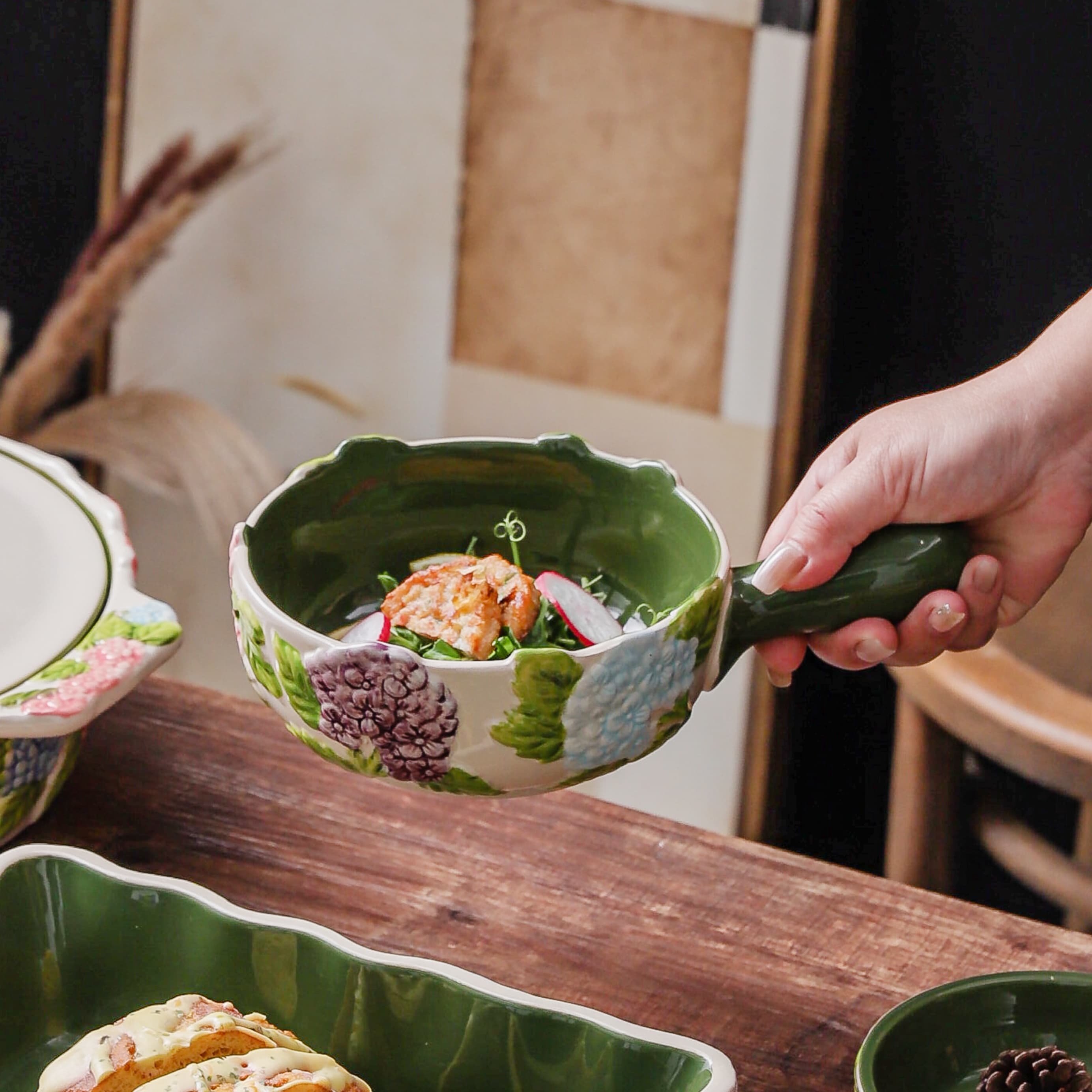 HongDian Green Hydrangea Tableware Series,Optional Cup Bowl Casserole Baking Dish,Largest Bowl 2300ml 80 oz,Embossed Hand Painted Craft,Premium Porcelain,SGS Tested Underglaze Fade Resistant,Microwave Dishwasher Oven Sterilizer Safe,Tea Time Meal