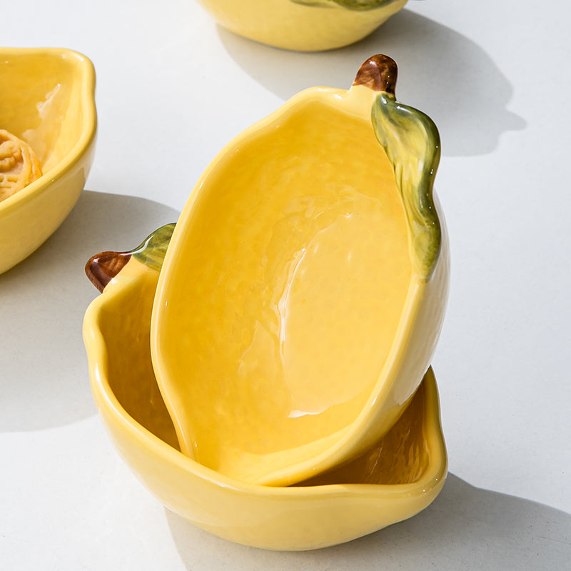 HongDian Yellow Lemon Shaped Dessert Dish 2 Pack,Small Medium Ceramic Sauce Plate,100/160ml 3/5 oz,Hand Painted Leaf Detail,Premium Ceramic,SGS Tested Underglaze Fade Resistant,Dishwasher Microwave Oven Sterilizer Safe,Tea Time Dessert Serving