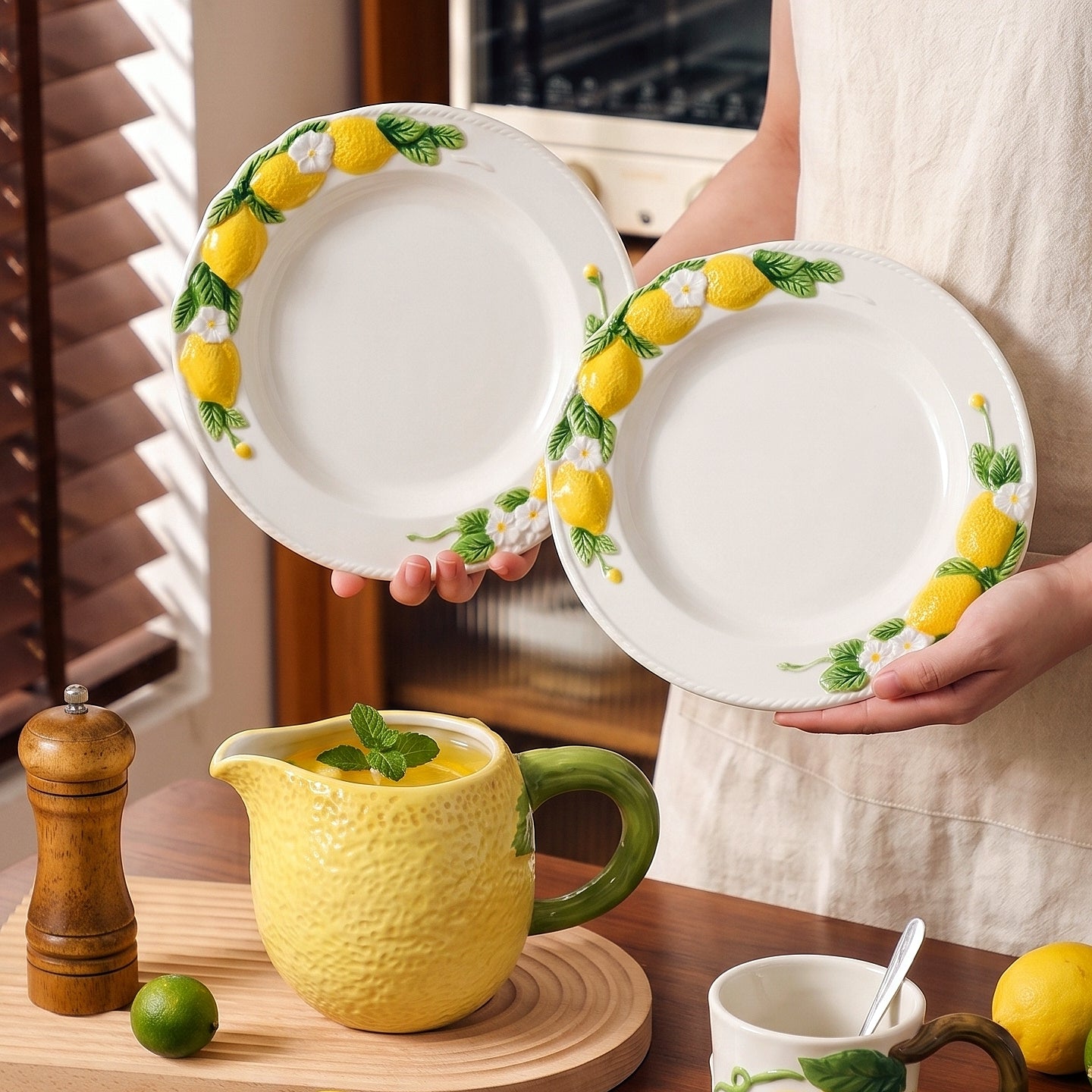 HongDian Yellow Lemon Pattern Tableware Series,Optional Leaf Shaped Plate,Embossed Hand Painted Craft,Premium Porcelain,Yellow White,SGS Tested Underglaze Fade Resistant,Microwave Dishwasher Oven Sterilizer Safe,Tea Time Dessert Serving Table Decor