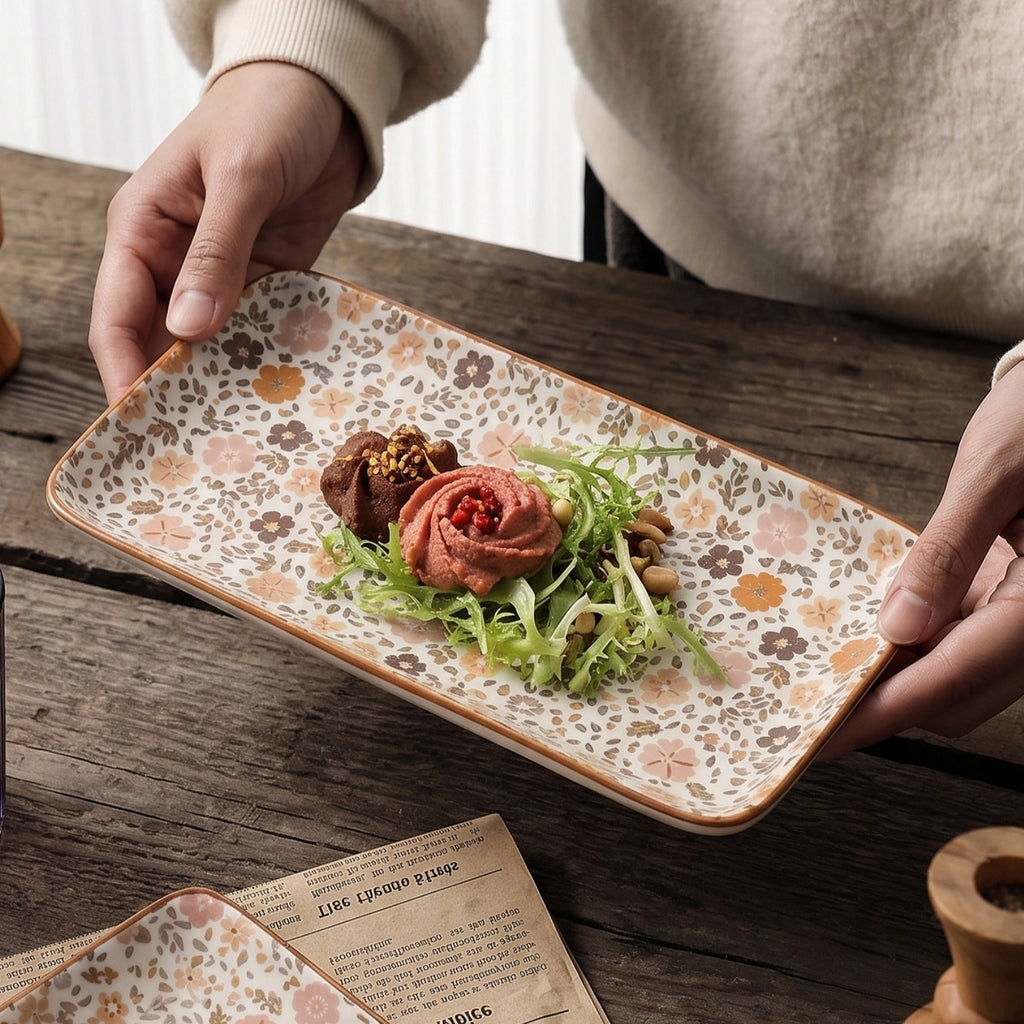 HongDian Japanese Floral Ceramic Plate 2 Pack,8 in Rectangular Serving Dish,Pink Beige,Premium Ceramic,SGS Tested Underglaze Fade Resistant,Microwave Dishwasher Oven Sterilizer Safe,Dessert Pasta Salad Snack Serving Table Setting Gift Decor