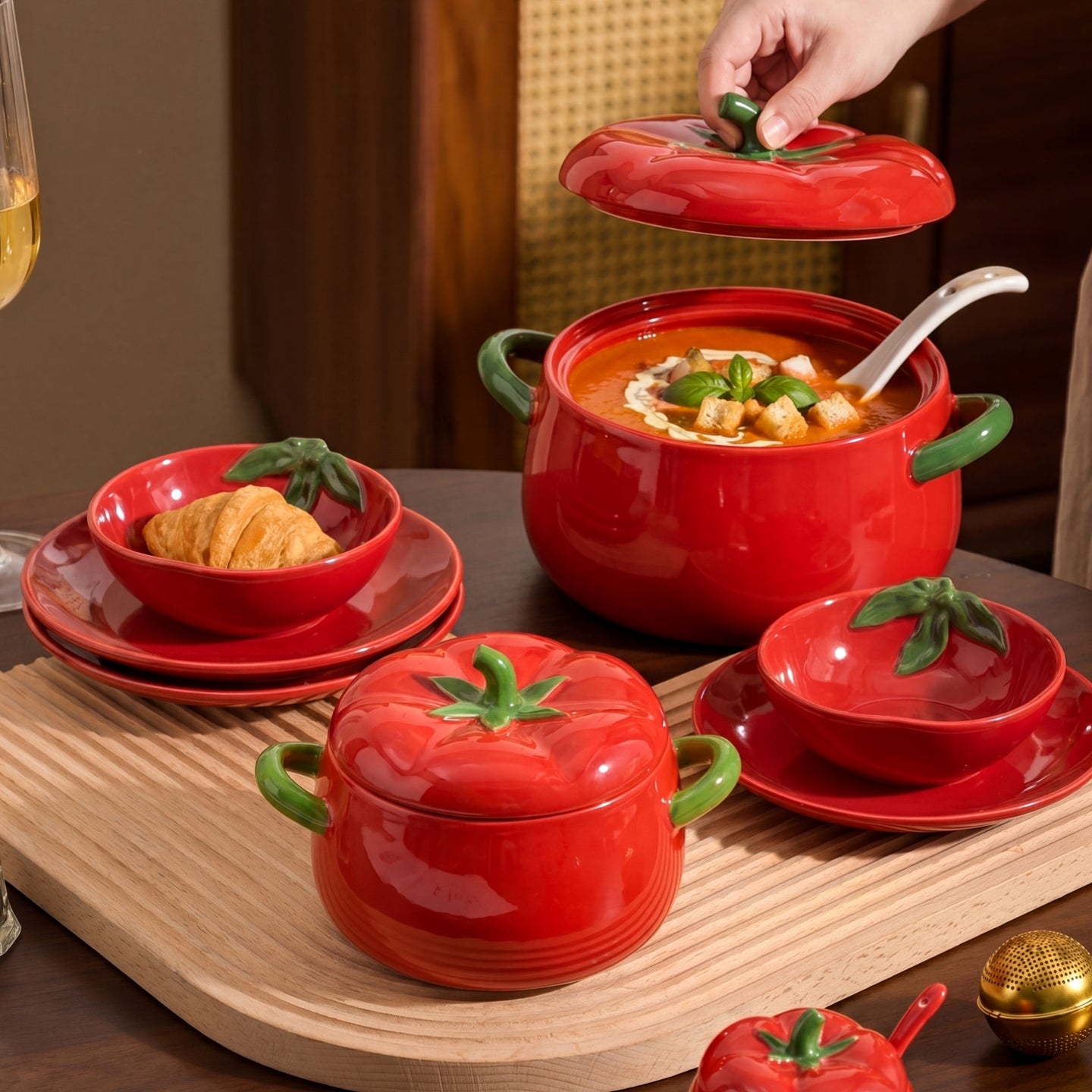 HongDian Red Tomato Tableware Series,Optional Lidded Soup Pot,Bowl,4.5 in Seasoning Jar,8/9 in 900/1650ml 30/56 oz,Premium Ceramic,SGS Tested Underglaze Fade Resistant,Microwave Dishwasher Oven Sterilizer Safe,Home Kitchen Gift Party All Ages