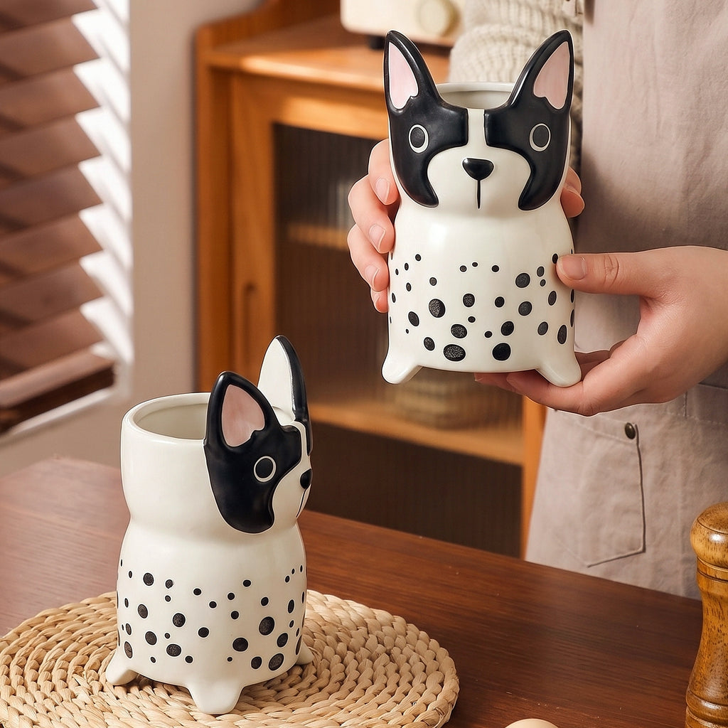 HongDian Spotted Dog Ceramic Utensil Holder,Kitchen Cutlery Flatware Caddy,Fork Spoon Chopstick Drain Holder,Bathroom Toothbrush Organizer,Black White,Premium Ceramic,Drain Hole Base,SGS Tested Underglaze Fade Resistant,Dishwasher Sterilizer Safe