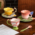 HongDian Pastel Floral Cup Saucer Series,Optional Embossed Coffee Tea Cup,Hand Painted Craft,Relief Flower Handle,Premium Porcelain,Pink Yellow ,SGS Tested Underglaze Fade Resistant,Microwave Dishwasher Oven Sterilizer Safe,Afternoon Tea