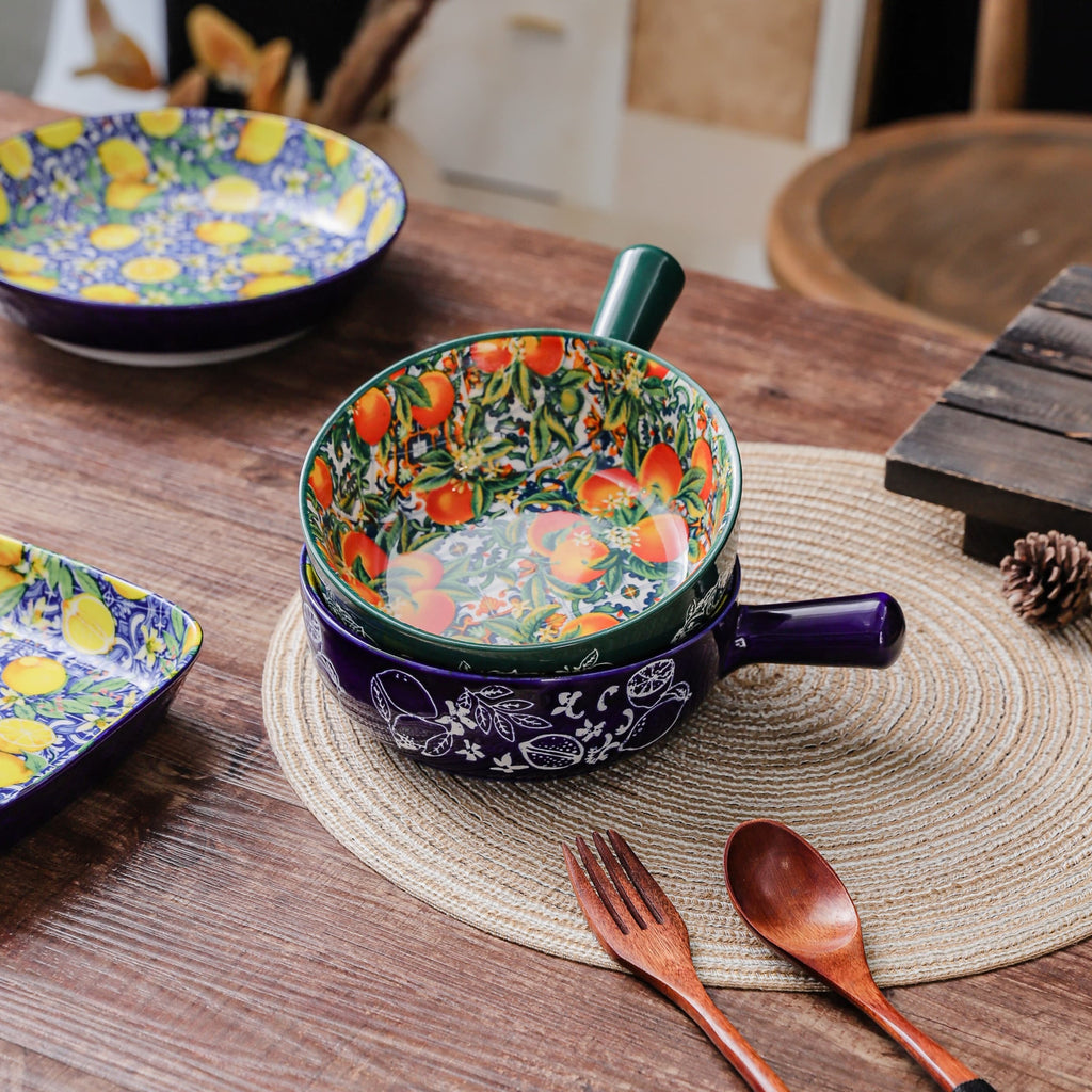HongDian Mediterranean Fruit Pattern Tableware Series,Optional 8 in Plate,8.5 in Handle Bowl,Lemon Orange Pomegranate Peach Design,Premium Ceramic,SGS Tested Underglaze Fade Resistant,Microwave Dishwasher Oven Sterilizer Safe,Pasta Salad Dessert Serving