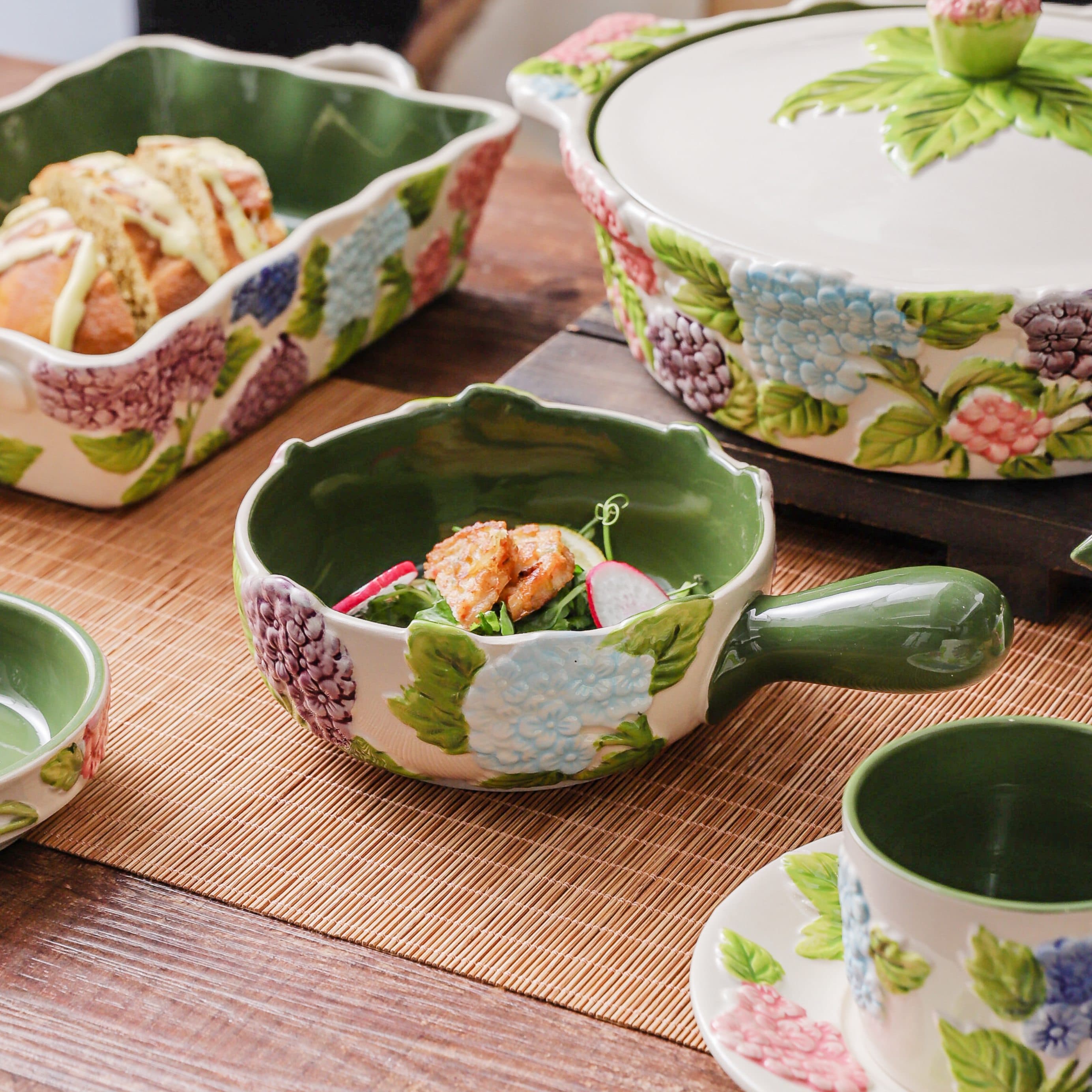 HongDian Green Hydrangea Tableware Series,Optional Cup Bowl Casserole Baking Dish,Largest Bowl 2300ml 80 oz,Embossed Hand Painted Craft,Premium Porcelain,SGS Tested Underglaze Fade Resistant,Microwave Dishwasher Oven Sterilizer Safe,Tea Time Meal