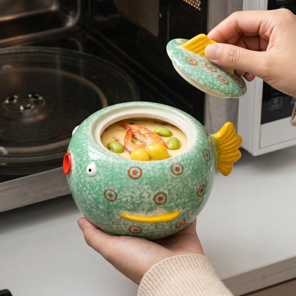 HongDian Green Pufferfish Lidded Storage Jar,Cute Ceramic Canister Succulent Planter,6 in,550ml 19 oz,Premium Ceramic,SGS Tested Underglaze Fade Resistant,Dishwasher Sterilizer Safe,Coffee Bar Tea Station Pantry Organizer Plant Pot Kitchen Gift Decor