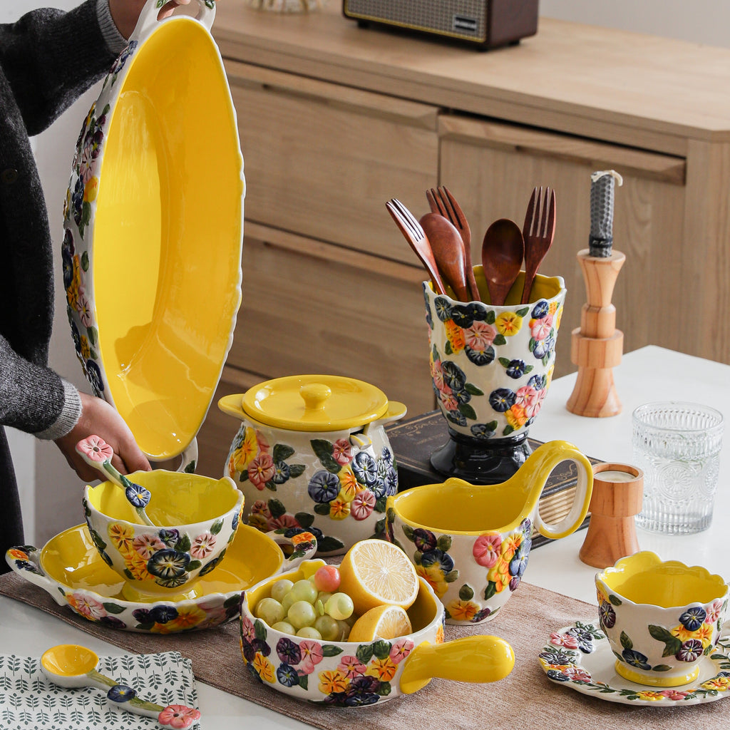 HongDian Yellow Floral Tableware Series,Optional Embossed Cup Bowl Plate,Hand Painted Craft,Premium Porcelain,Yellow,SGS Tested Underglaze Fade Resistant,Microwave Dishwasher Oven Sterilizer Safe,Tea Time Dessert Serving Breakfast Use Gift Decor