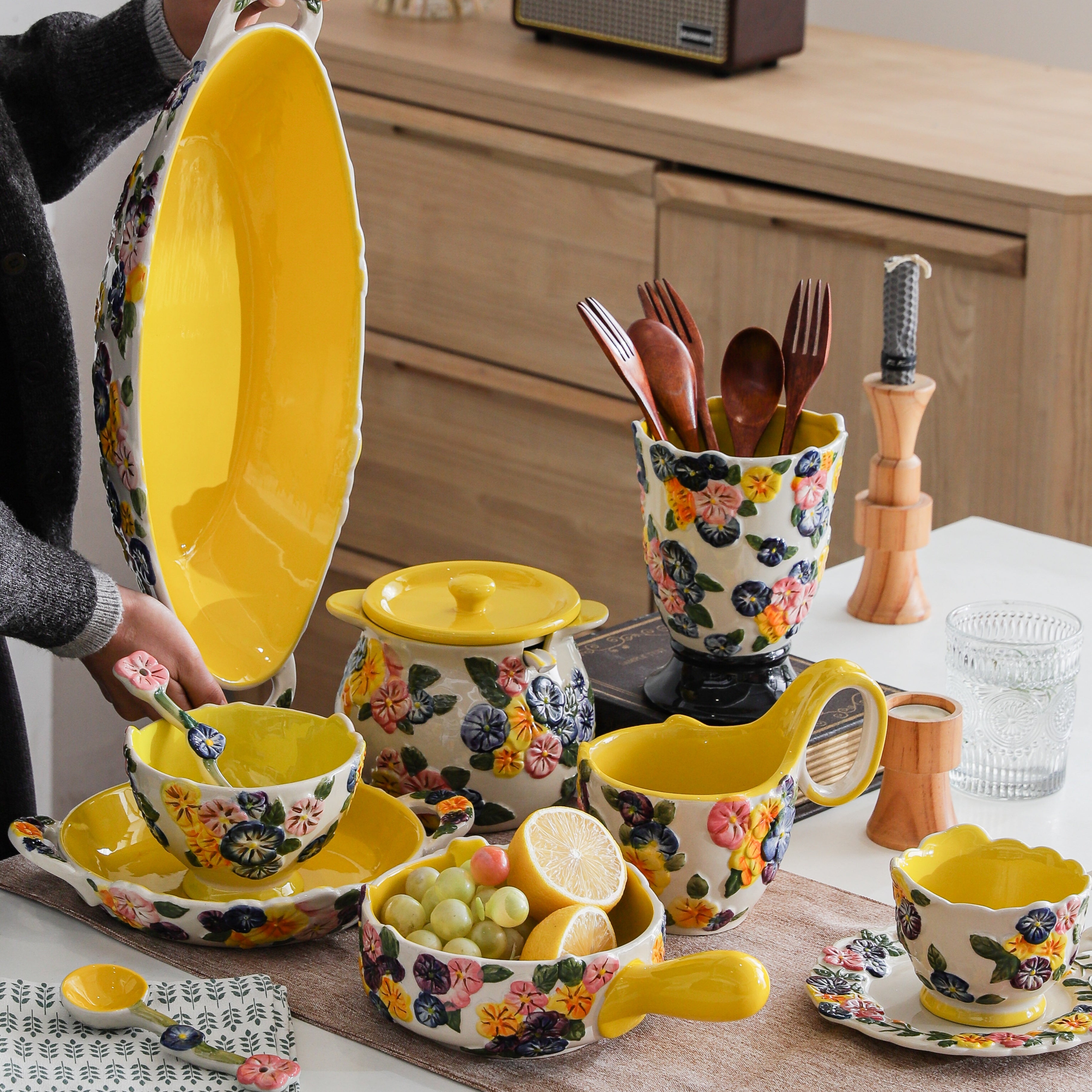 HongDian Yellow Floral Tableware Series,Optional Embossed Cup Bowl Plate,Hand Painted Craft,Premium Porcelain,Yellow,SGS Tested Underglaze Fade Resistant,Microwave Dishwasher Oven Sterilizer Safe,Tea Time Dessert Serving Breakfast Use Gift Decor