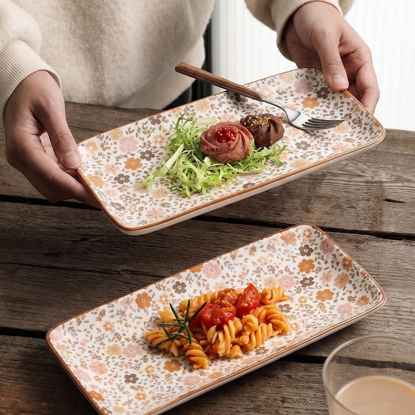HongDian Japanese Floral Ceramic Plate 2 Pack,8 in Rectangular Serving Dish,Pink Beige,Premium Ceramic,SGS Tested Underglaze Fade Resistant,Microwave Dishwasher Oven Sterilizer Safe,Dessert Pasta Salad Snack Serving Table Setting Gift Decor