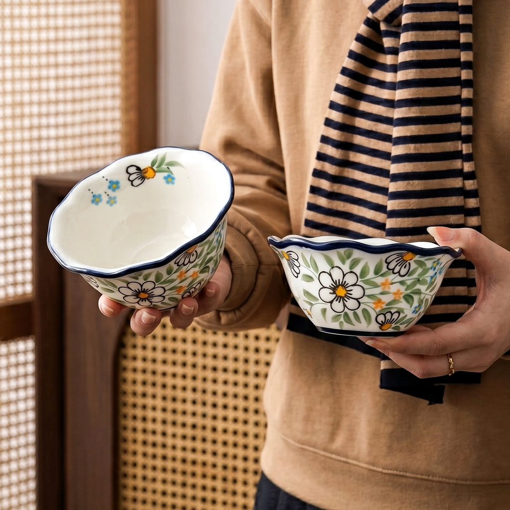 HongDian White Daisy Pattern Dinnerware,Cup Bowl Plate,with Double Handles,Hand Painted Craft,Premium Porcelain,400/280/1000ml 14/10/34 oz,White Green Blue,SGS Tested Underglaze Fade Resistant,Microwave Dishwasher Oven Sterilizer Safe,Home Gift