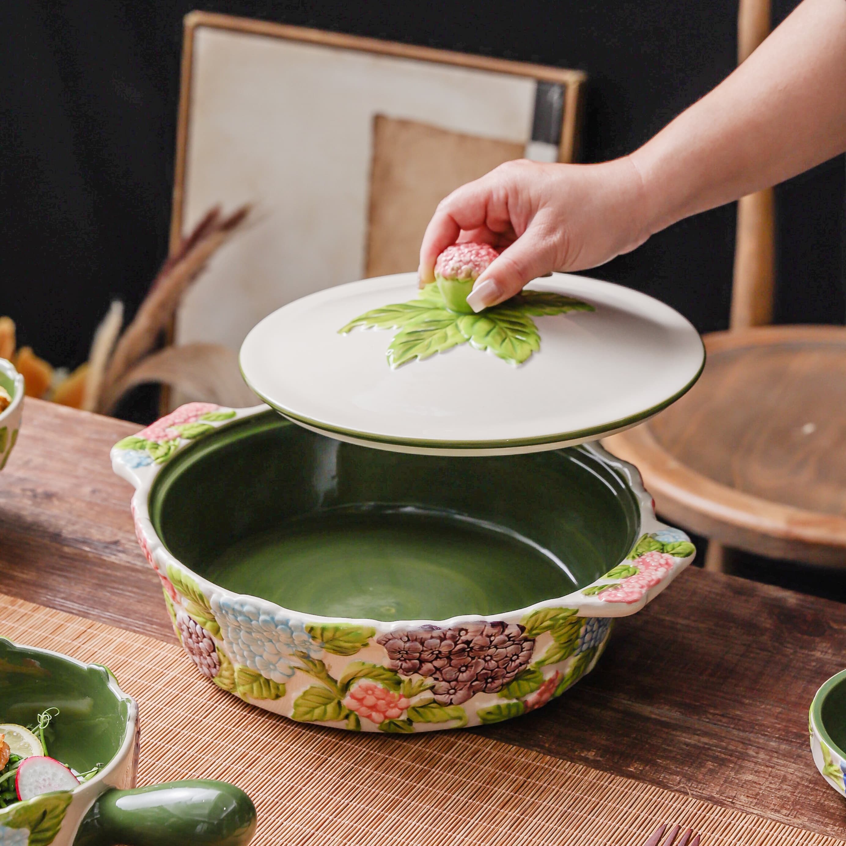 HongDian Green Hydrangea Tableware Series,Optional Cup Bowl Casserole Baking Dish,Largest Bowl 2300ml 80 oz,Embossed Hand Painted Craft,Premium Porcelain,SGS Tested Underglaze Fade Resistant,Microwave Dishwasher Oven Sterilizer Safe,Tea Time Meal