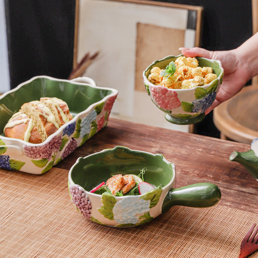 HongDian Green Hydrangea Tableware Series,Optional Cup Bowl Casserole Baking Dish,Largest Bowl 2300ml 80 oz,Embossed Hand Painted Craft,Premium Porcelain,SGS Tested Underglaze Fade Resistant,Microwave Dishwasher Oven Sterilizer Safe,Tea Time Meal