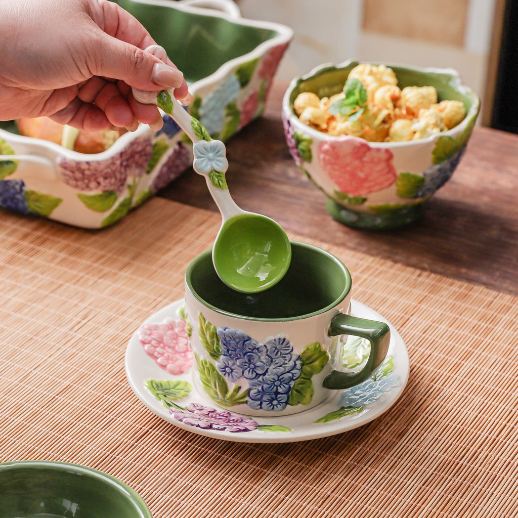 HongDian Green Hydrangea Tableware Series,Optional Cup Bowl Casserole Baking Dish,Largest Bowl 2300ml 80 oz,Embossed Hand Painted Craft,Premium Porcelain,SGS Tested Underglaze Fade Resistant,Microwave Dishwasher Oven Sterilizer Safe,Tea Time Meal