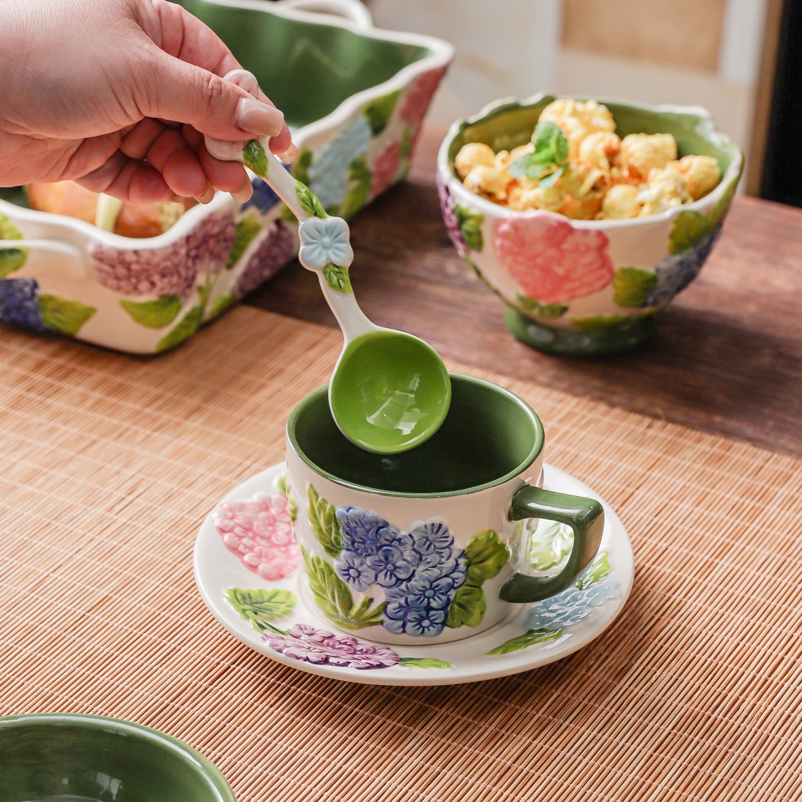 HongDian Green Hydrangea Tableware Series,Optional Cup Bowl Casserole Baking Dish,Largest Bowl 2300ml 80 oz,Embossed Hand Painted Craft,Premium Porcelain,SGS Tested Underglaze Fade Resistant,Microwave Dishwasher Oven Sterilizer Safe,Tea Time Meal
