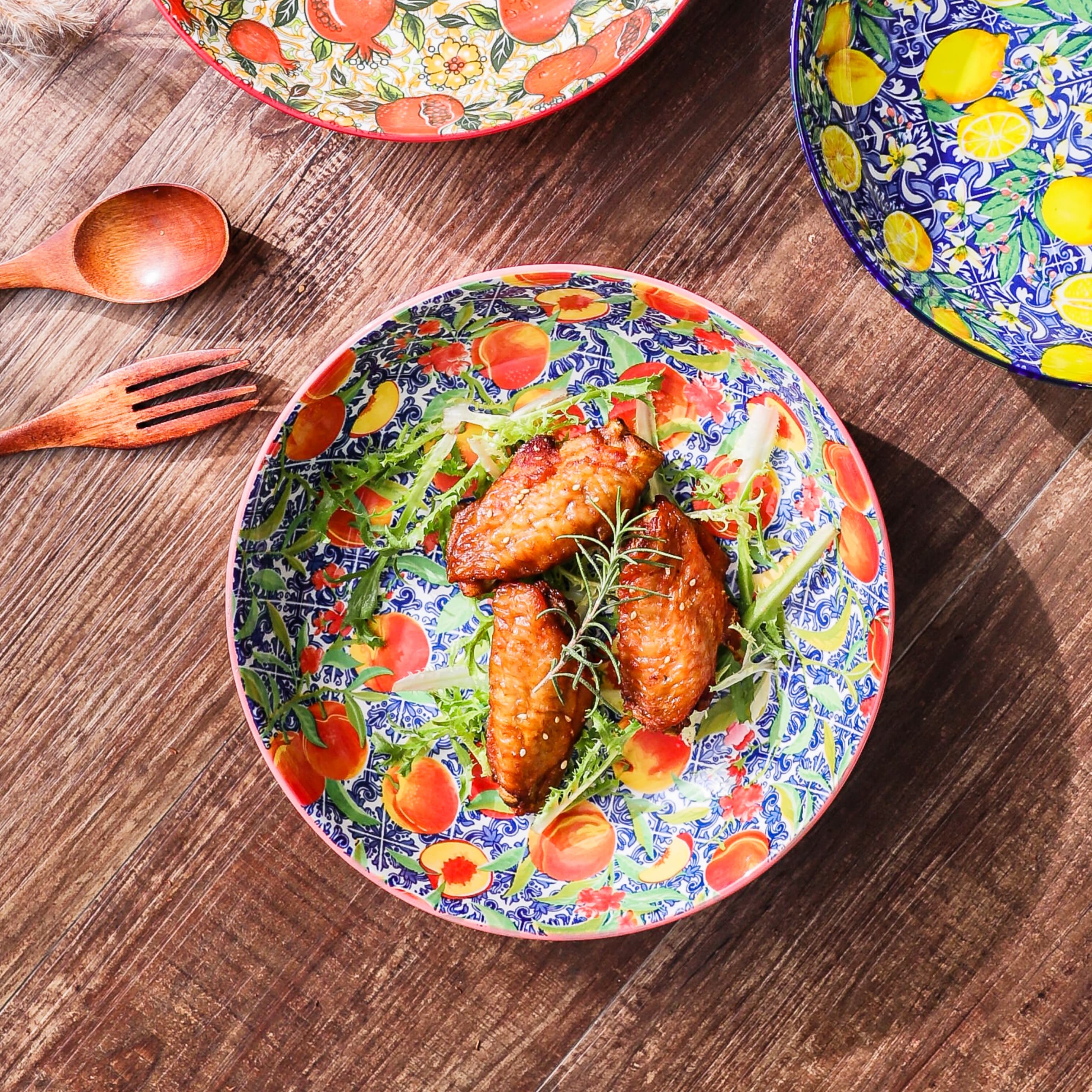 HongDian Mediterranean Fruit Pattern Tableware Series,Optional 8 in Plate,8.5 in Handle Bowl,Lemon Orange Pomegranate Peach Design,Premium Ceramic,SGS Tested Underglaze Fade Resistant,Microwave Dishwasher Oven Sterilizer Safe,Pasta Salad Dessert Serving